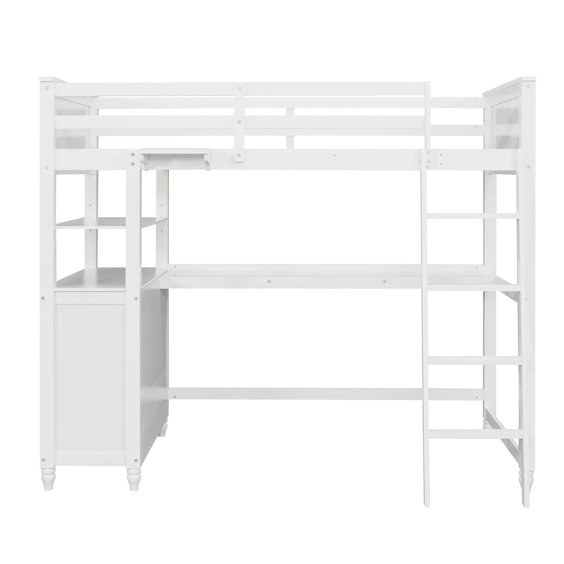 White wooden loft bed with integrated desk and shelving