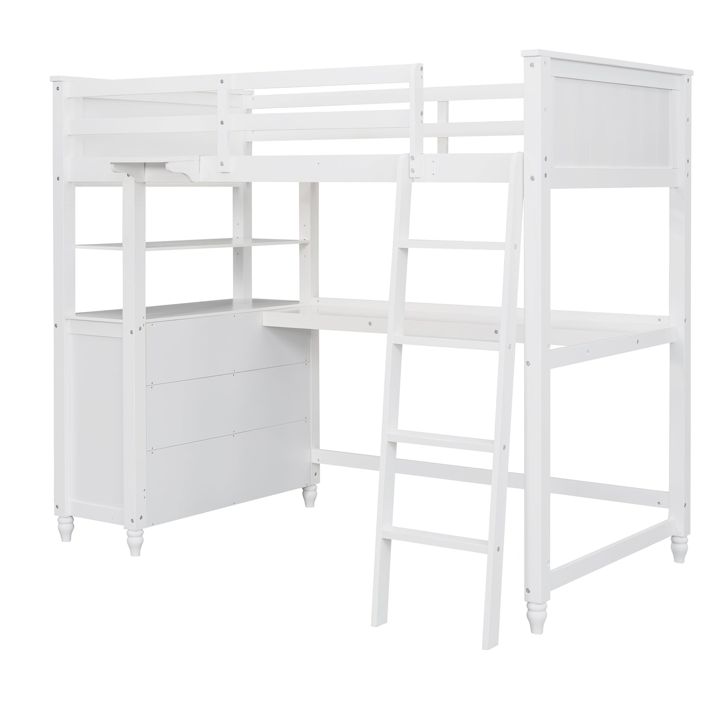White wooden loft bed with desk and shelving
