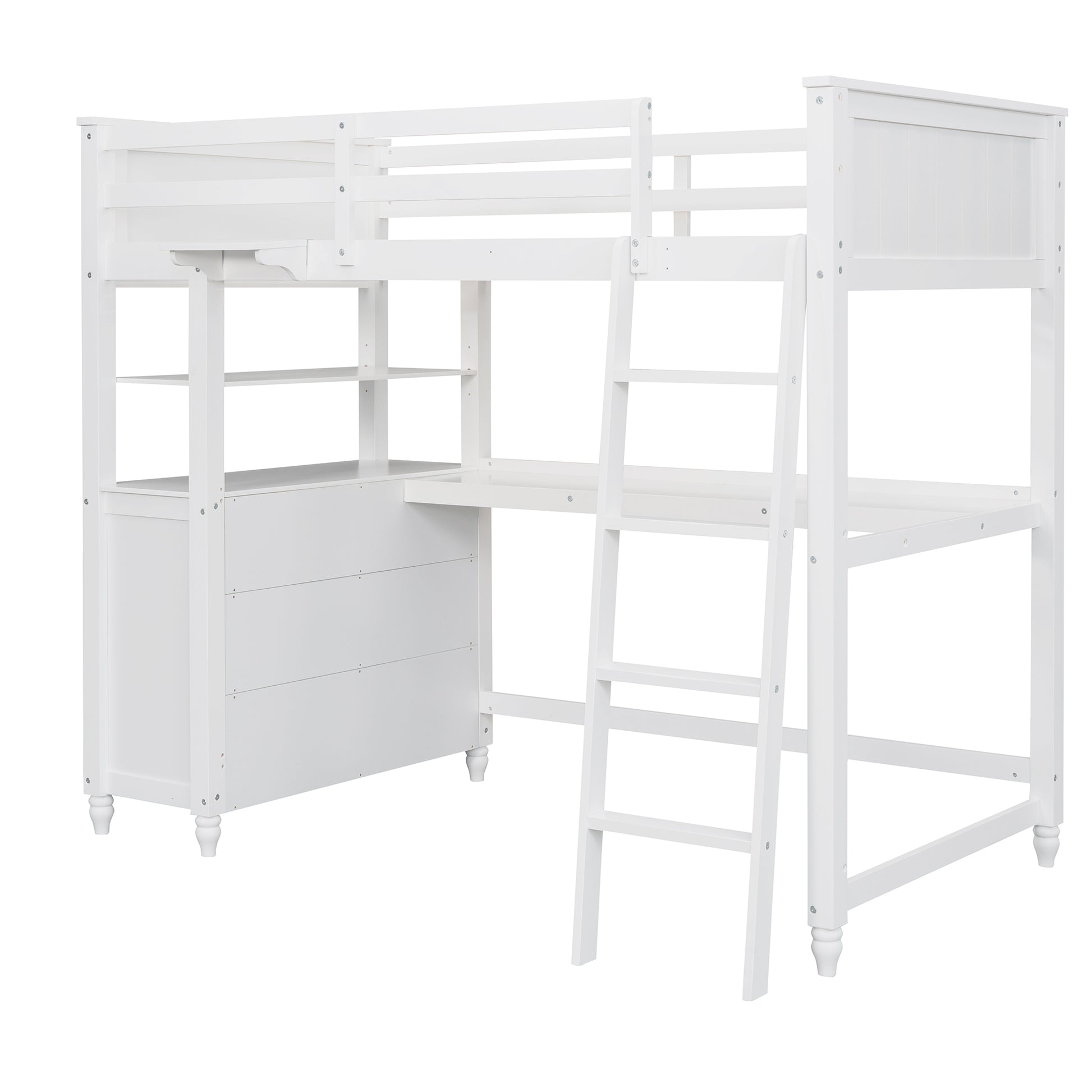 White wooden loft bed with desk and shelving