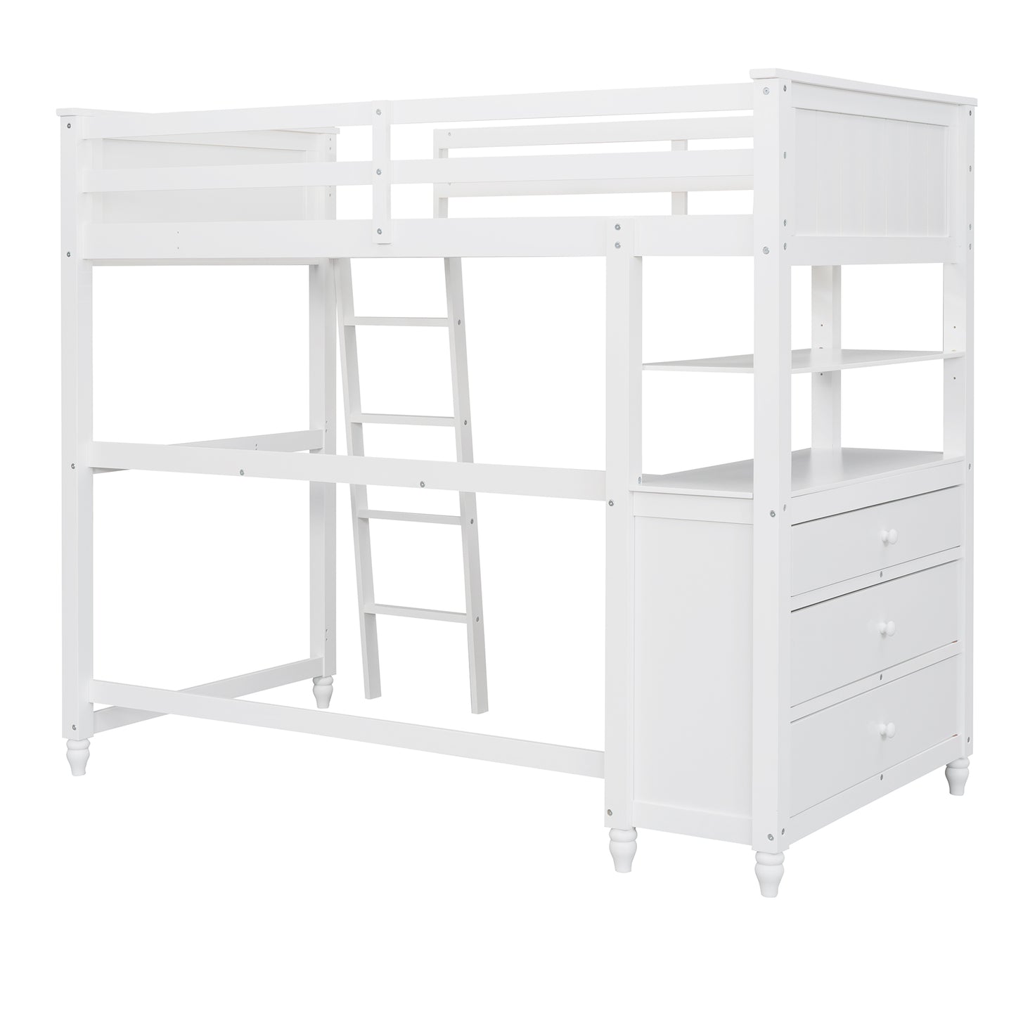 White wooden loft bed with ladder and drawers