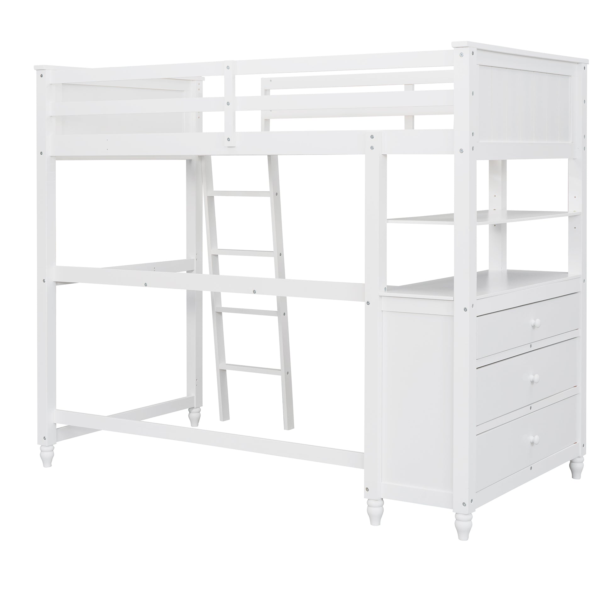 White wooden loft bed with ladder and drawers