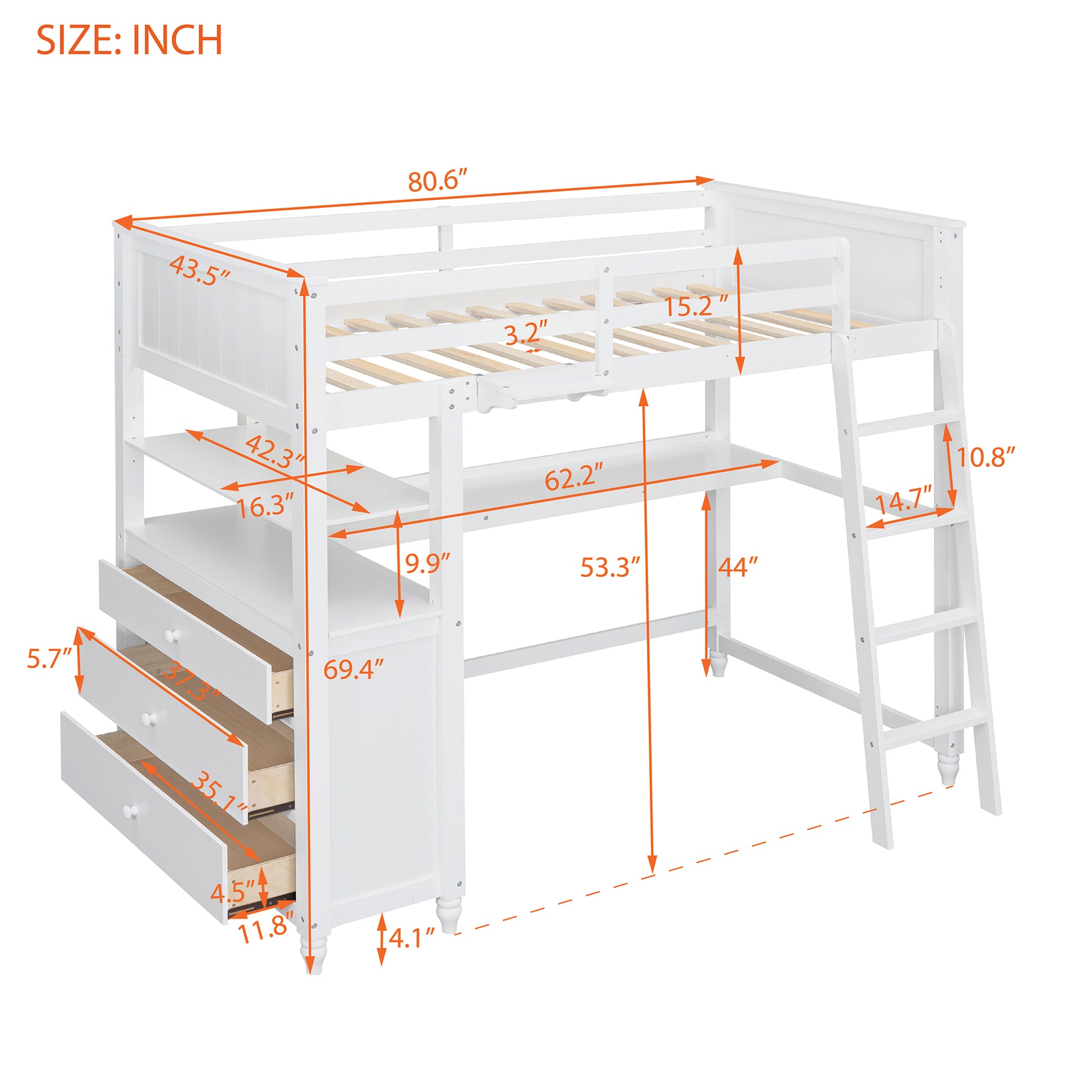 White loft bed with integrated desk drawers and shelves for kids room