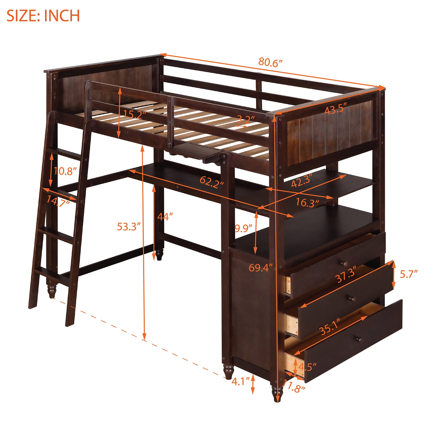 Dark brown wooden loft bed with integrated desk and drawers