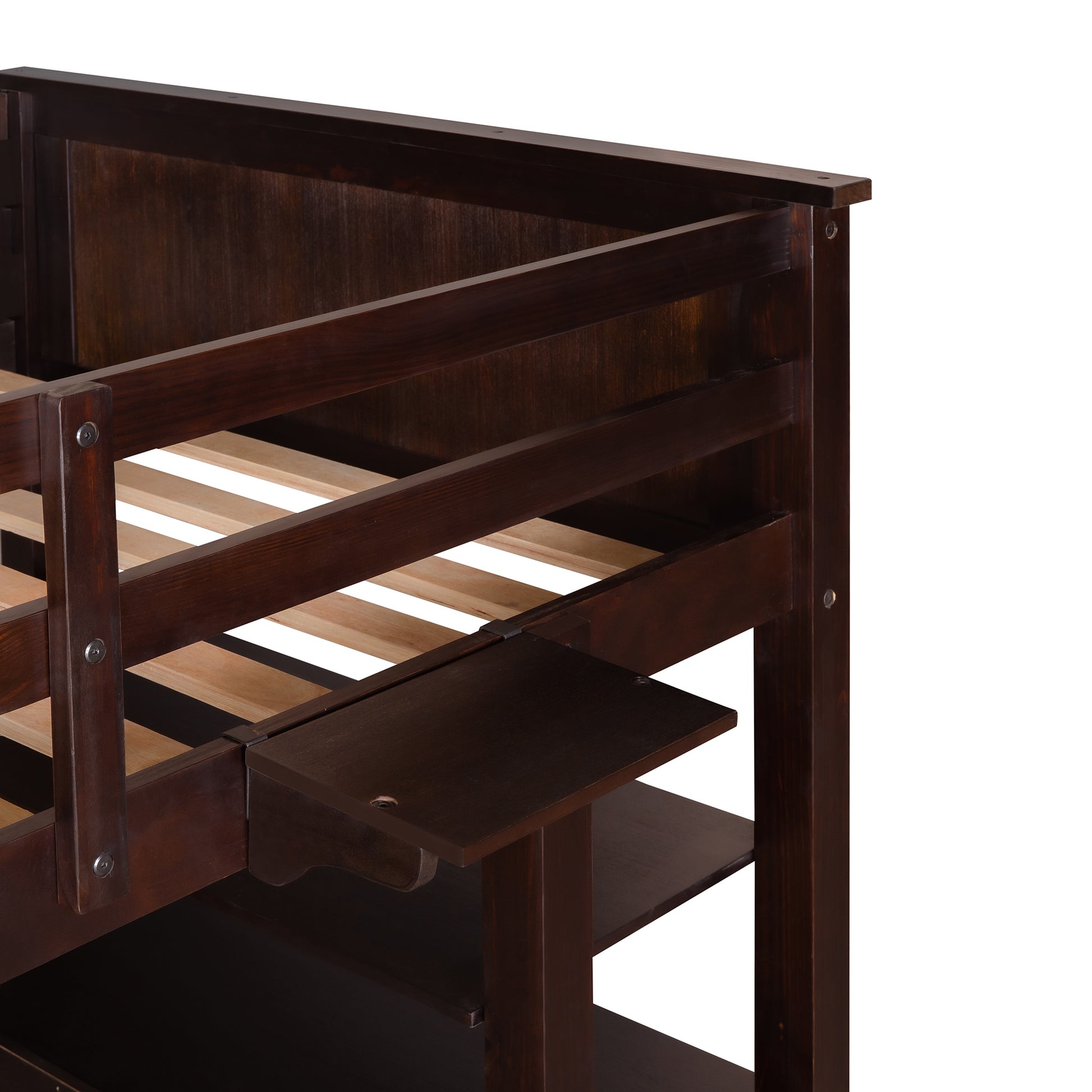 Dark brown wooden loft bed frame detail
