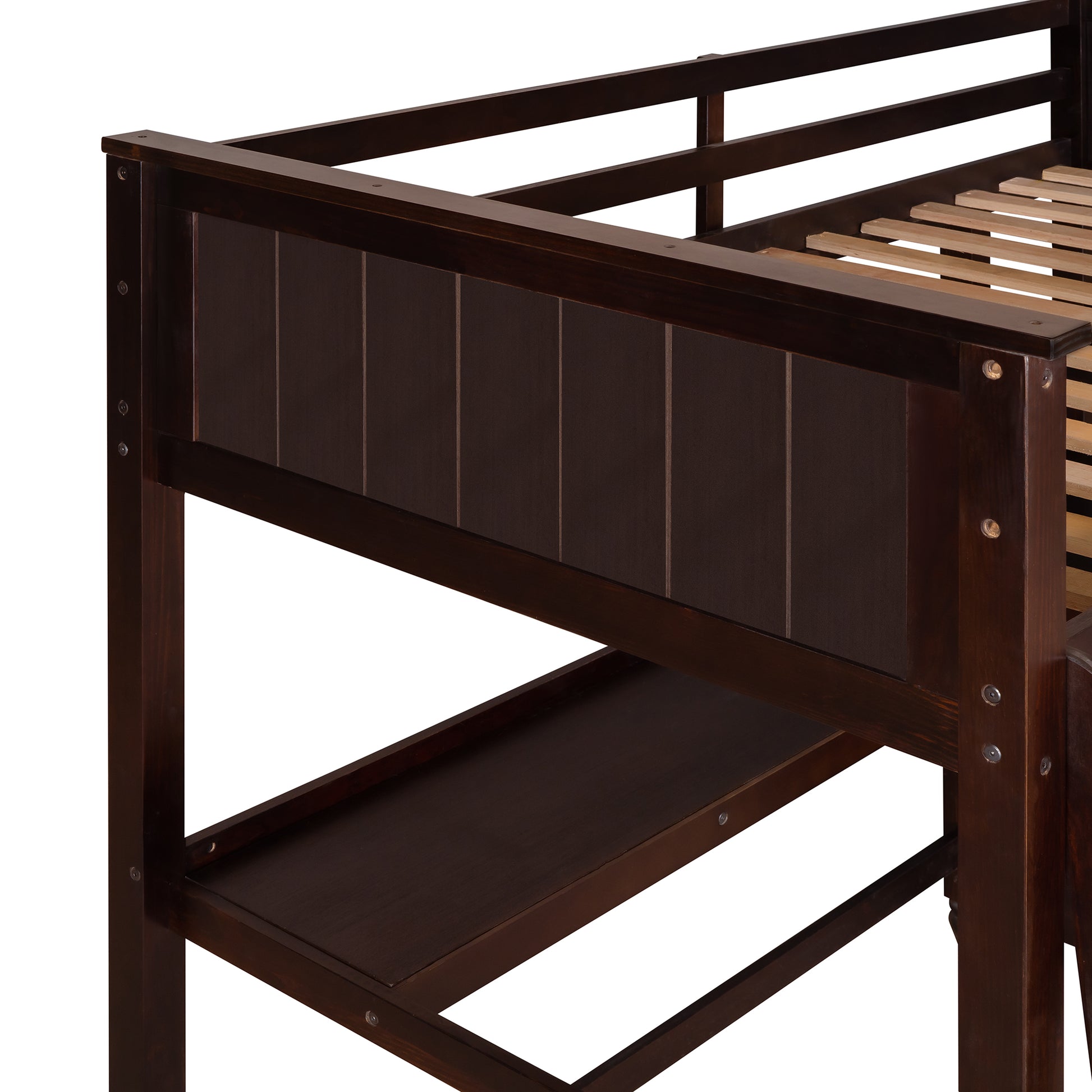 Dark wood loft bed frame with horizontal slats and builtin shelf