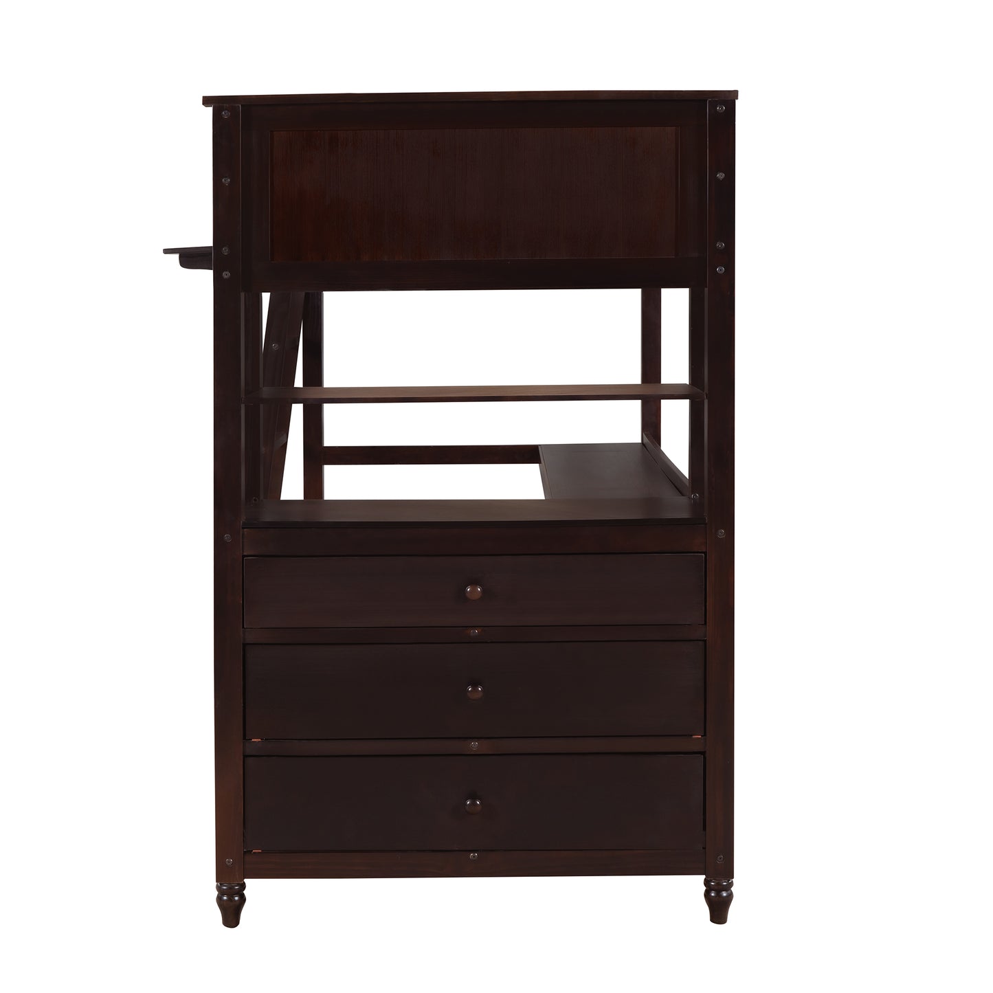 Dark brown wooden loft bed frame with integrated desk and drawers