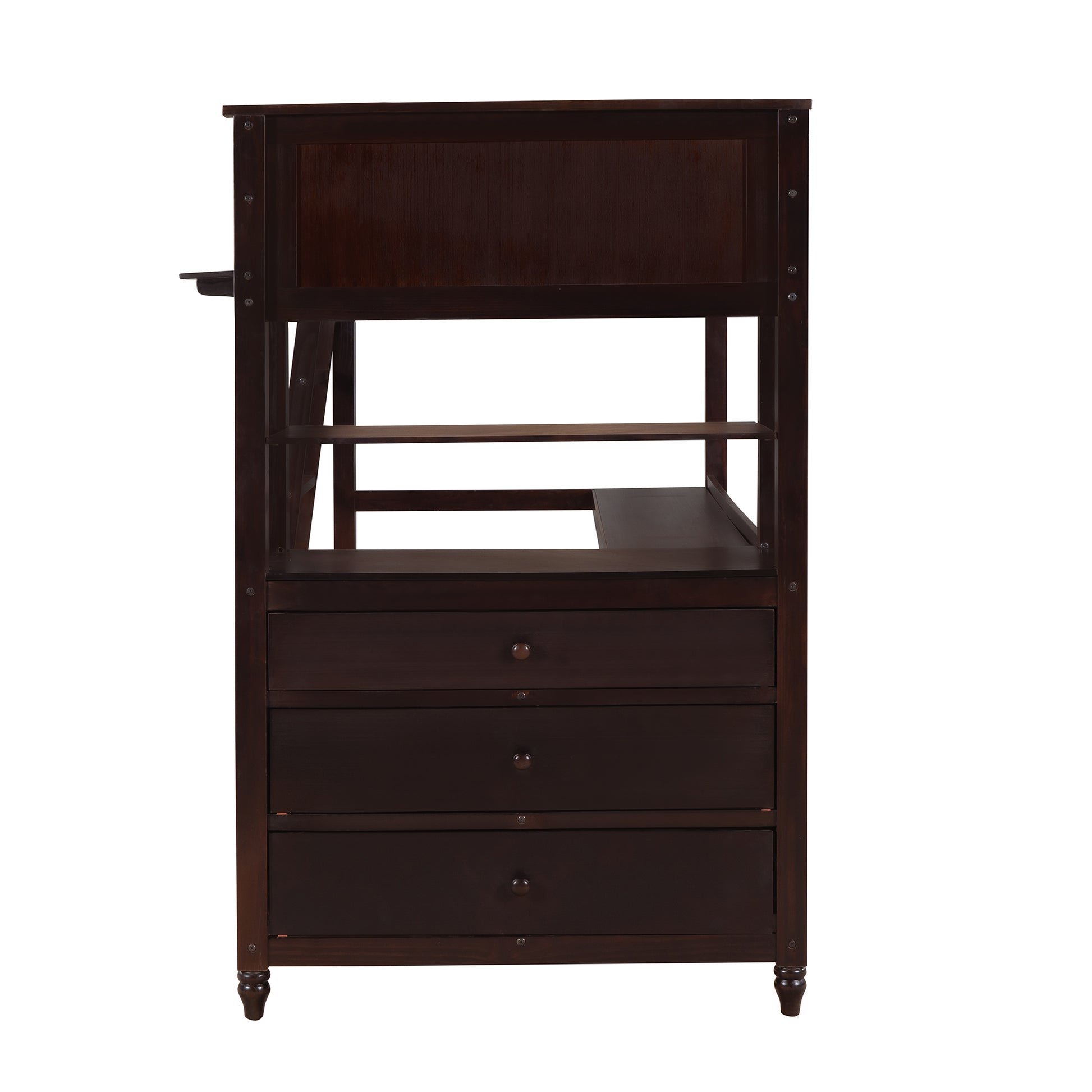 Dark brown wooden loft bed frame with integrated desk and drawers