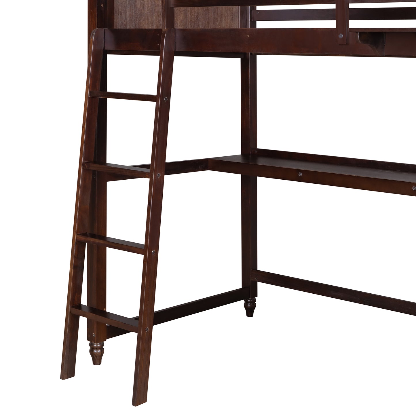 Dark wood loft bed with integrated desk and ladder for childrens room