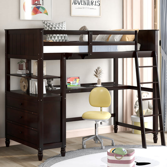 Dark brown wood loft bed with integrated desk and shelving