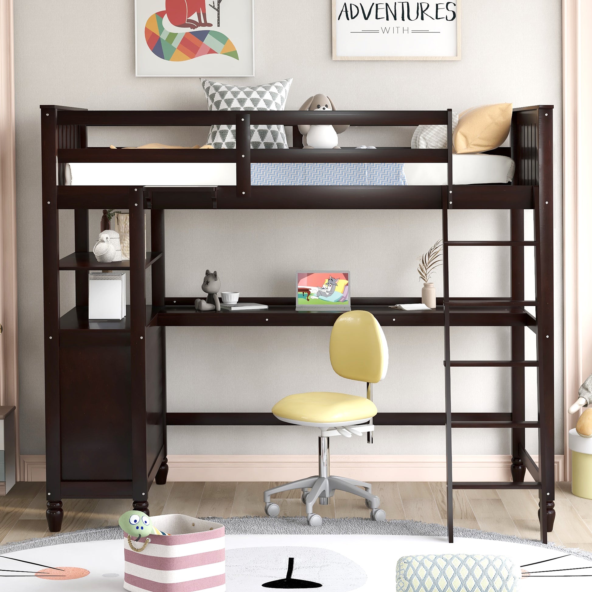 Dark espresso loft bed with integrated desk and shelving ideal for kids rooms