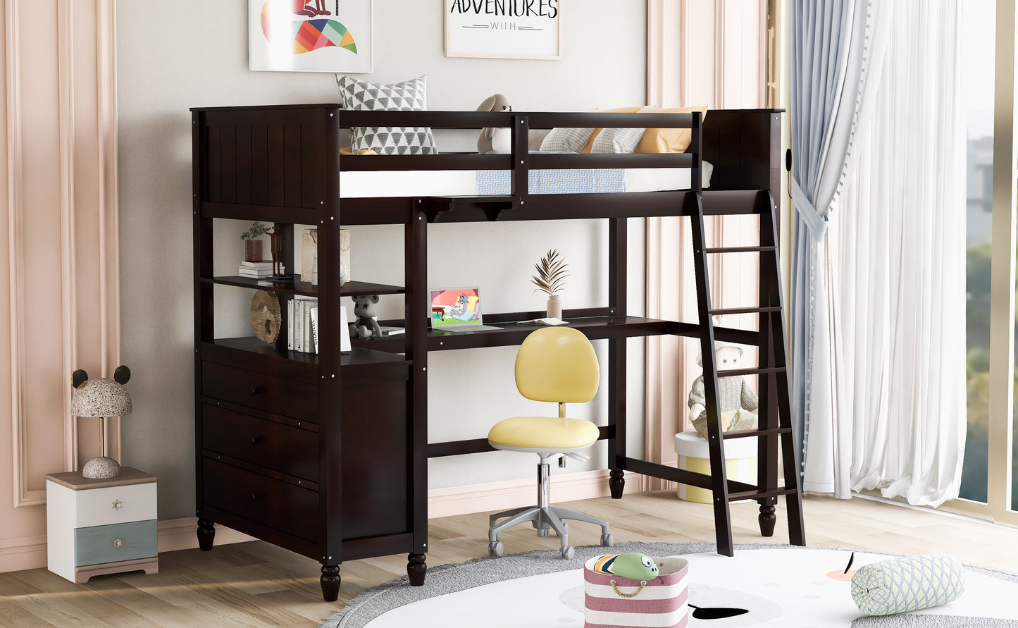 Dark wood loft bed with integrated desk and drawers perfect for kids rooms