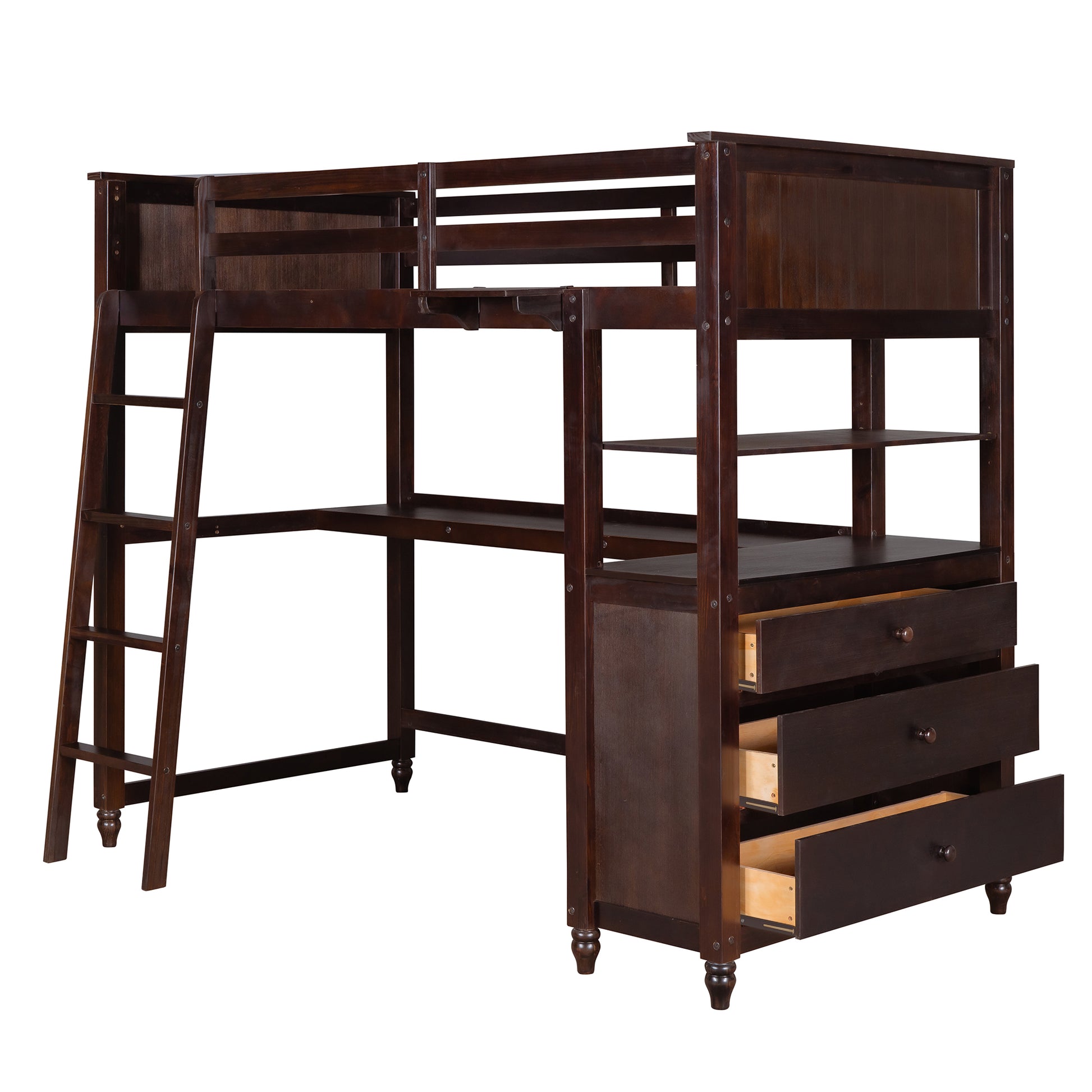 Dark brown wooden loft bed with integrated desk and drawers