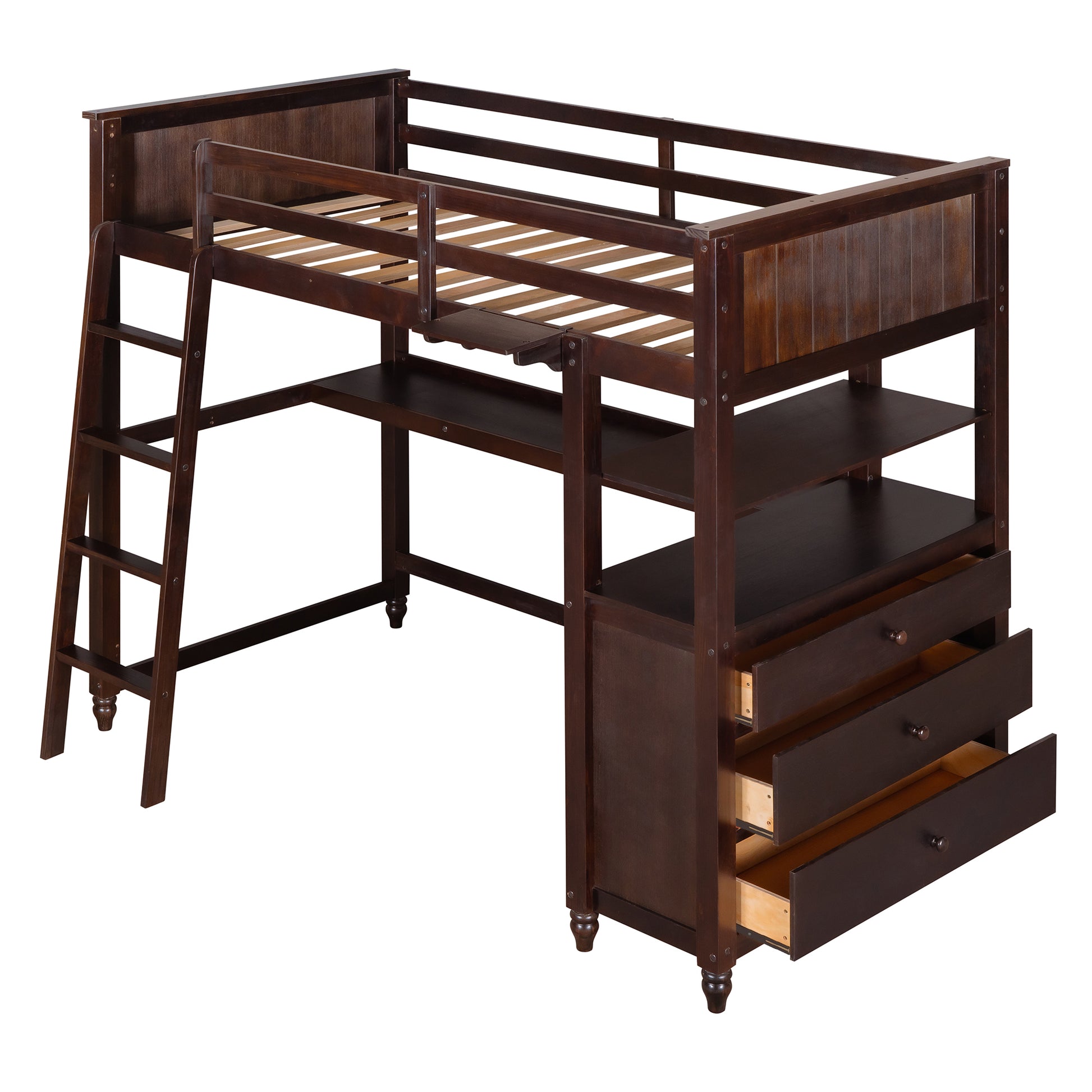 Dark brown wood loft bed with desk and drawers