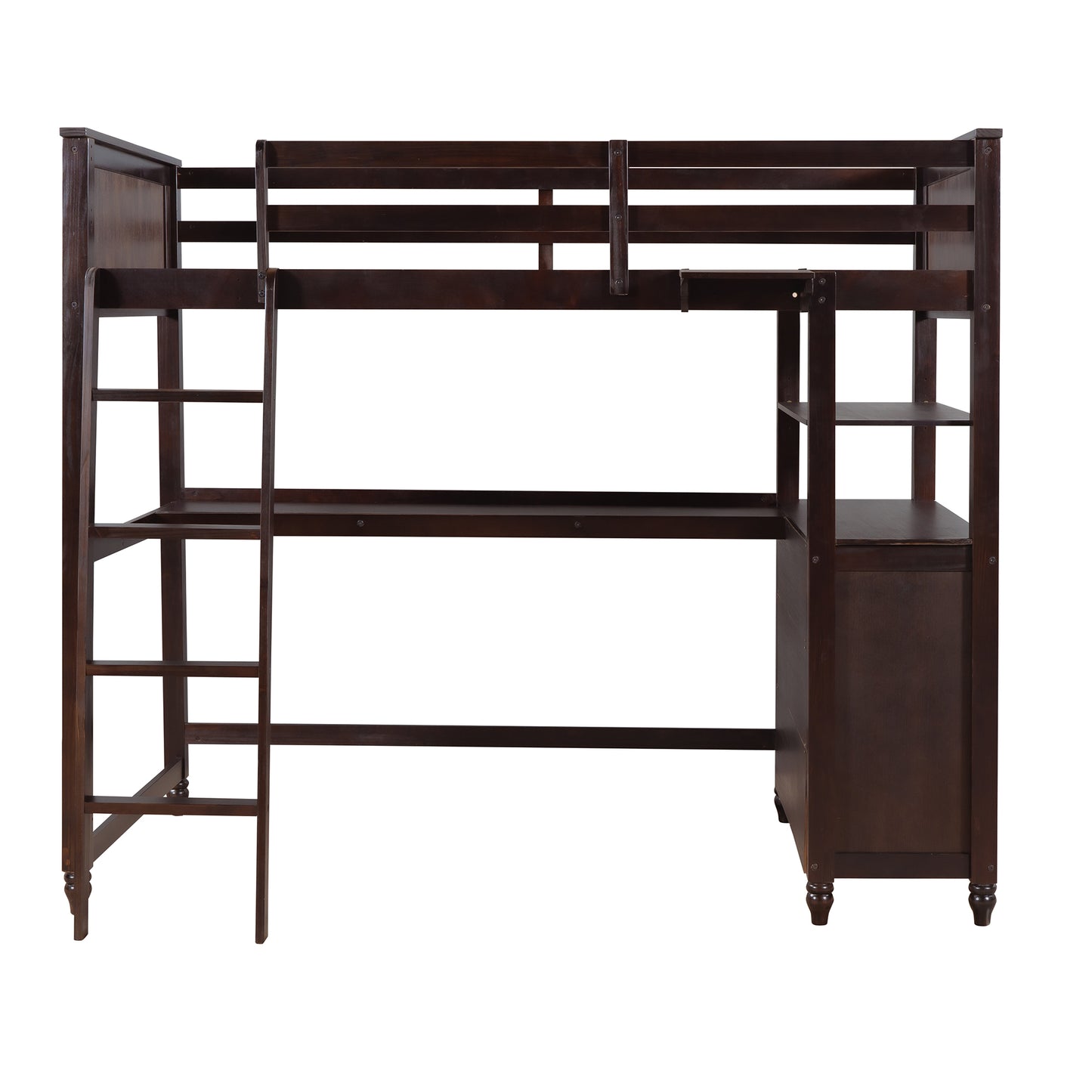 Dark wood loft bed with integrated desk and shelves