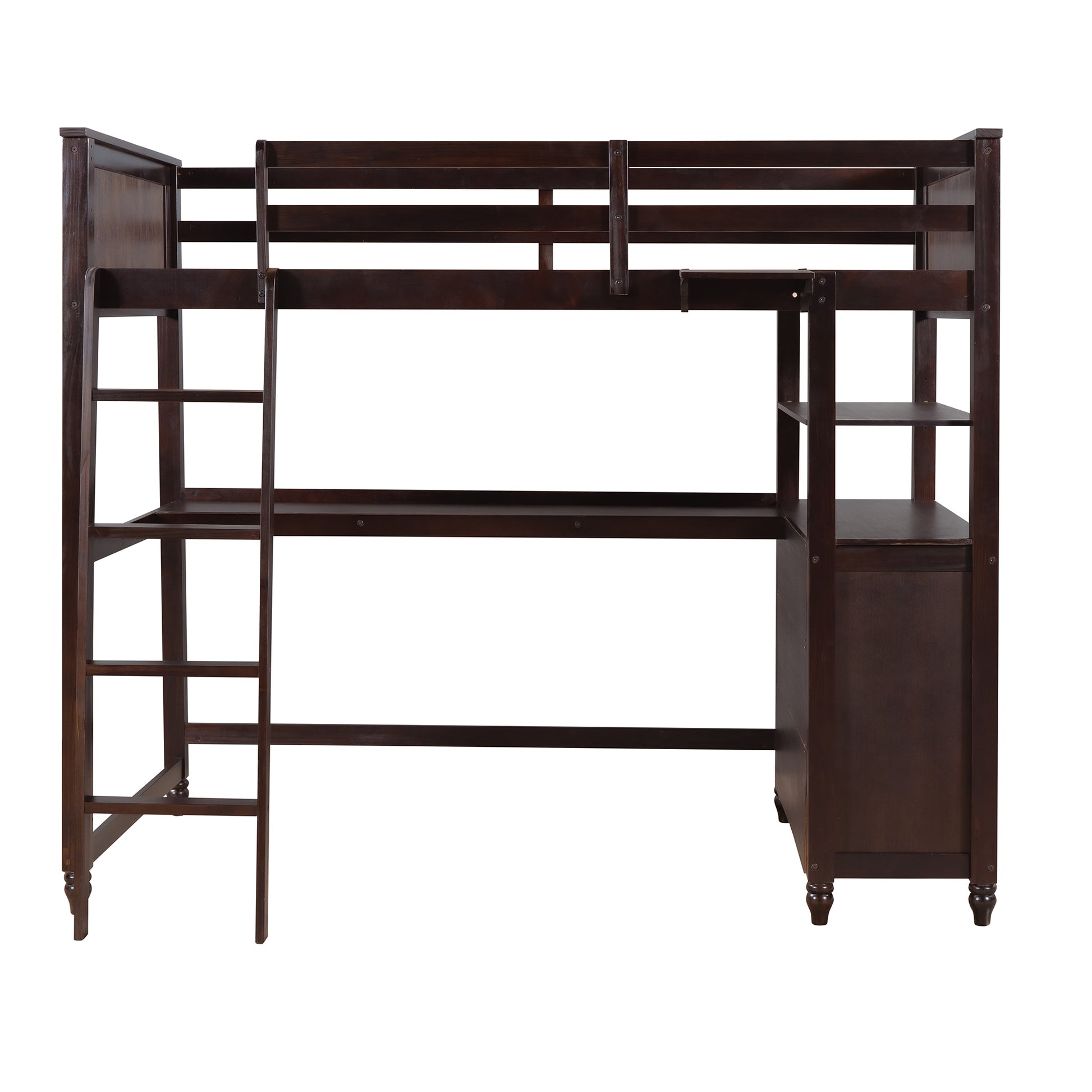Dark wood loft bed with integrated desk and shelves