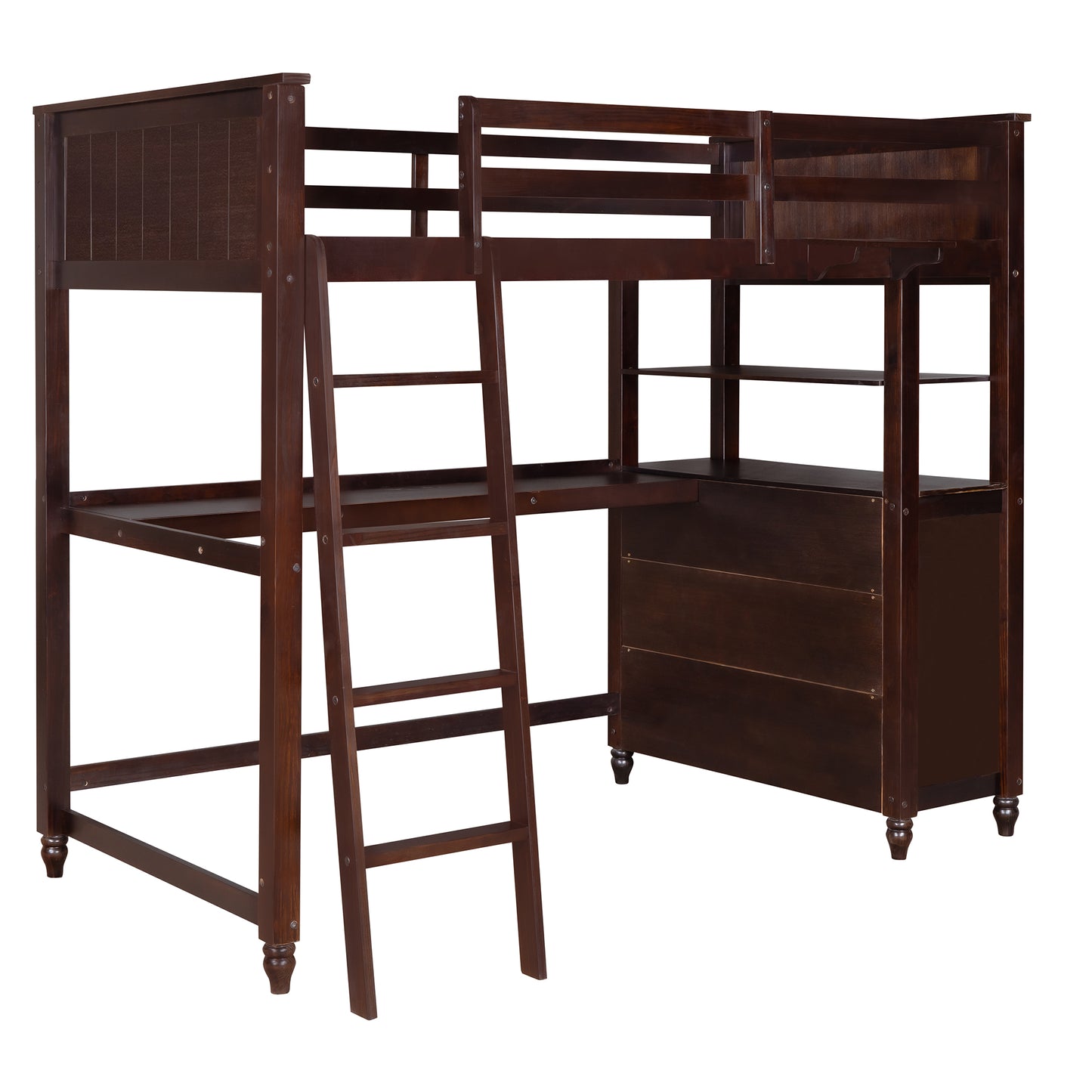 Dark wood loft bed with integrated desk and shelving