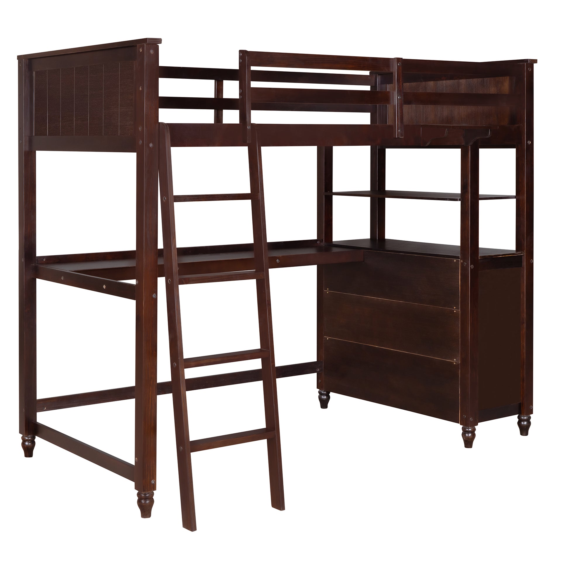 Dark wood loft bed with integrated desk and shelving
