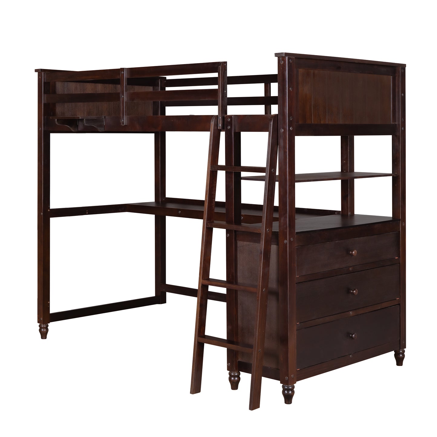 Dark brown wooden loft bed with desk and drawers
