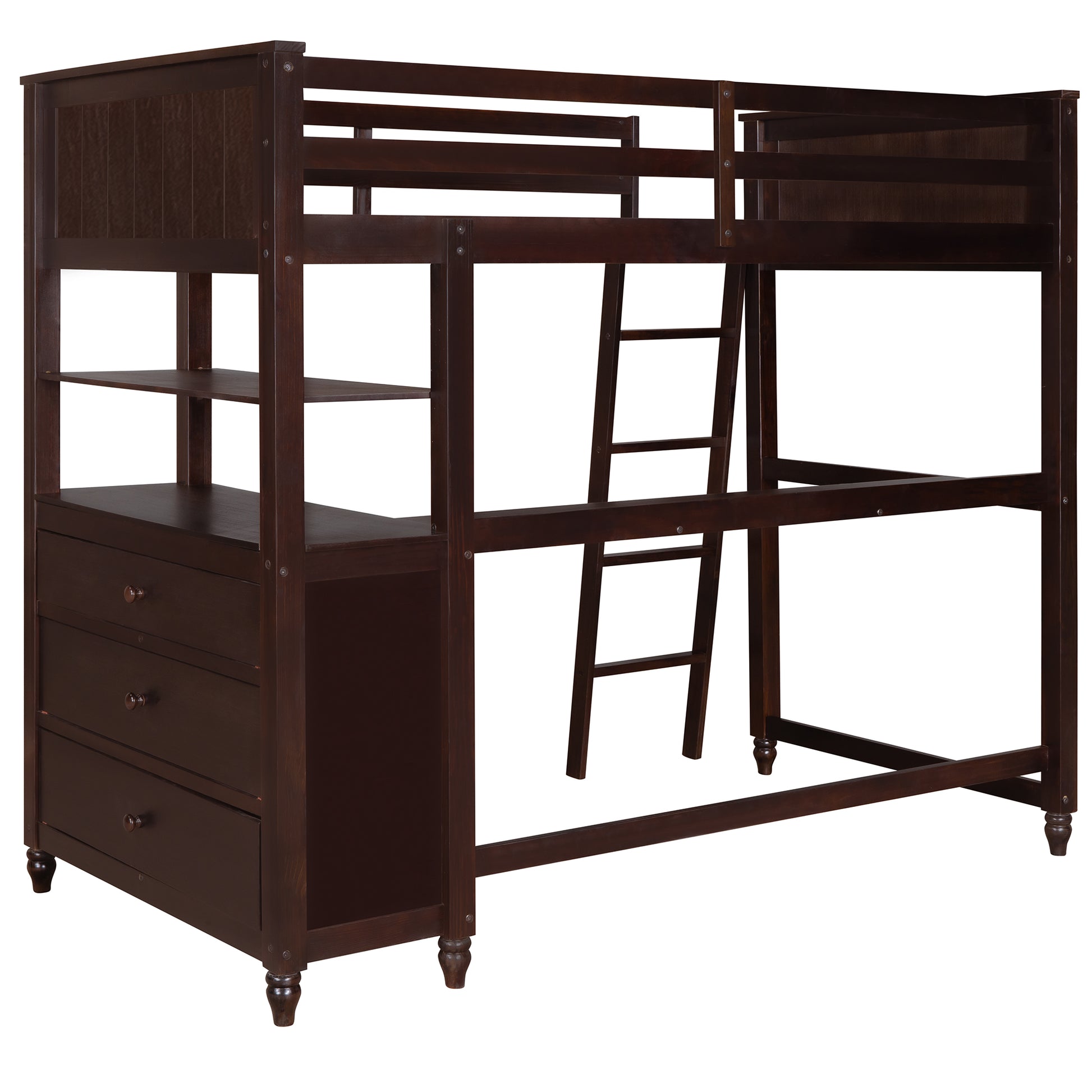 Dark espresso twin loft bed with integrated desk and shelves