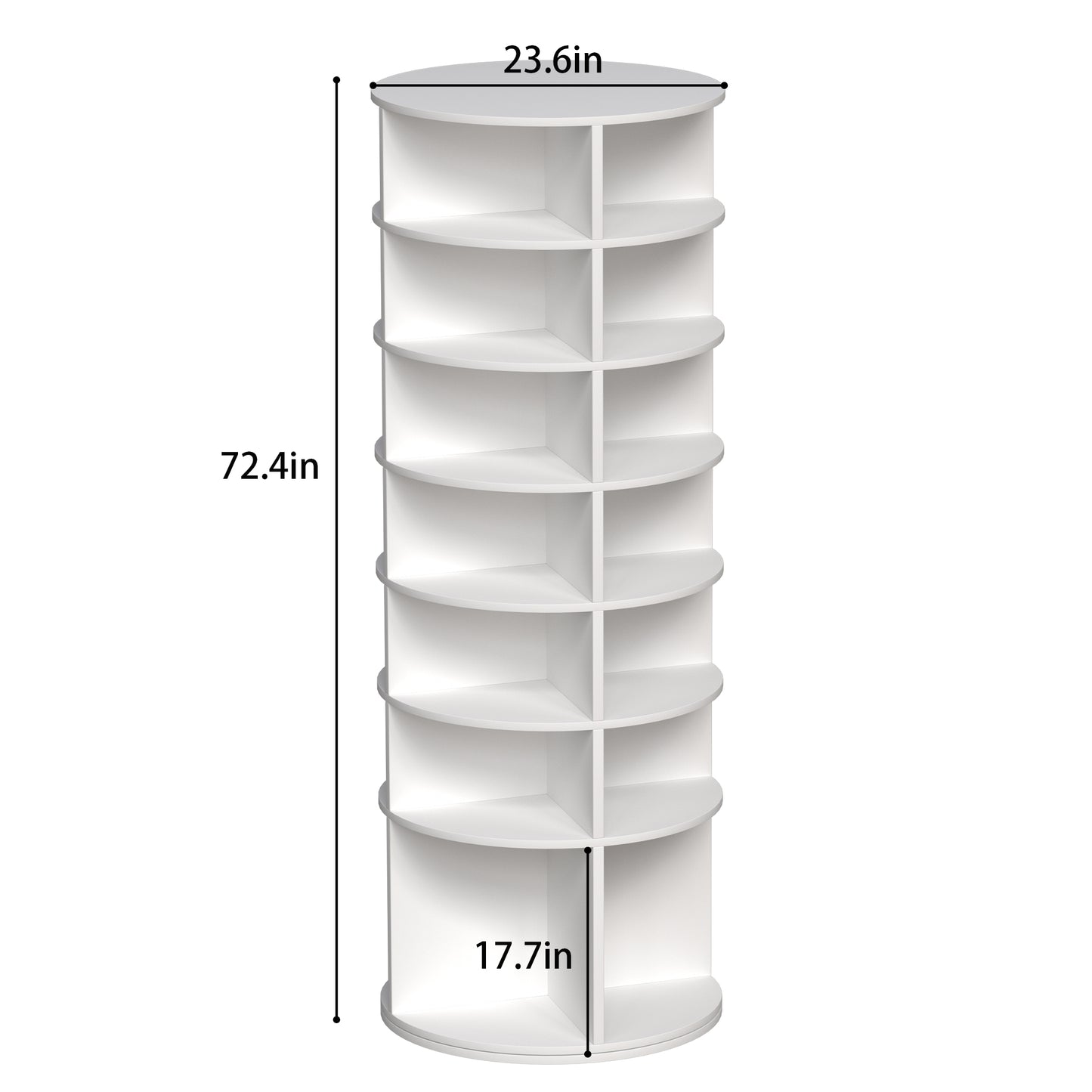 White rotating bookshelf with tiered shelves and interior dividers