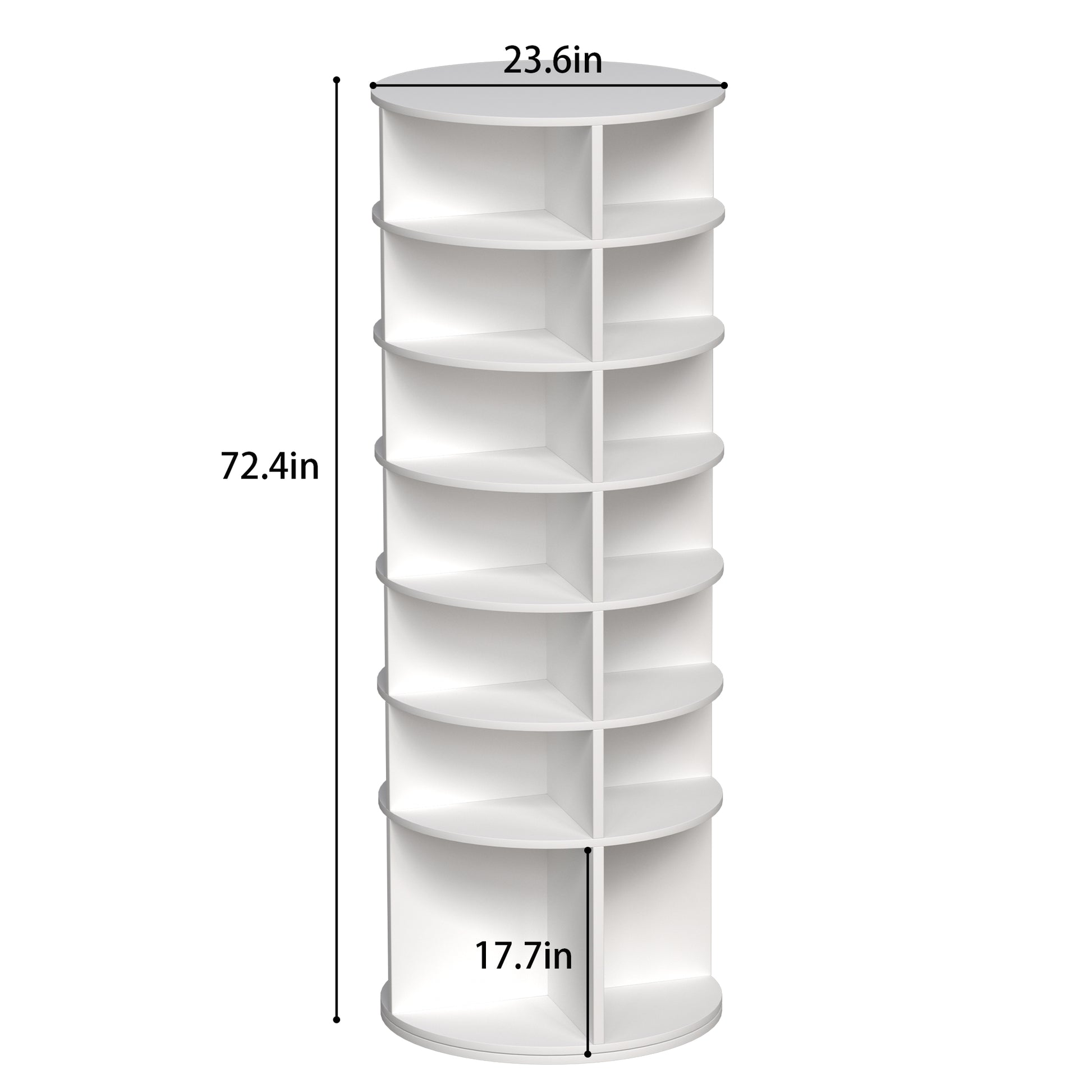 White rotating bookshelf with tiered shelves and interior dividers