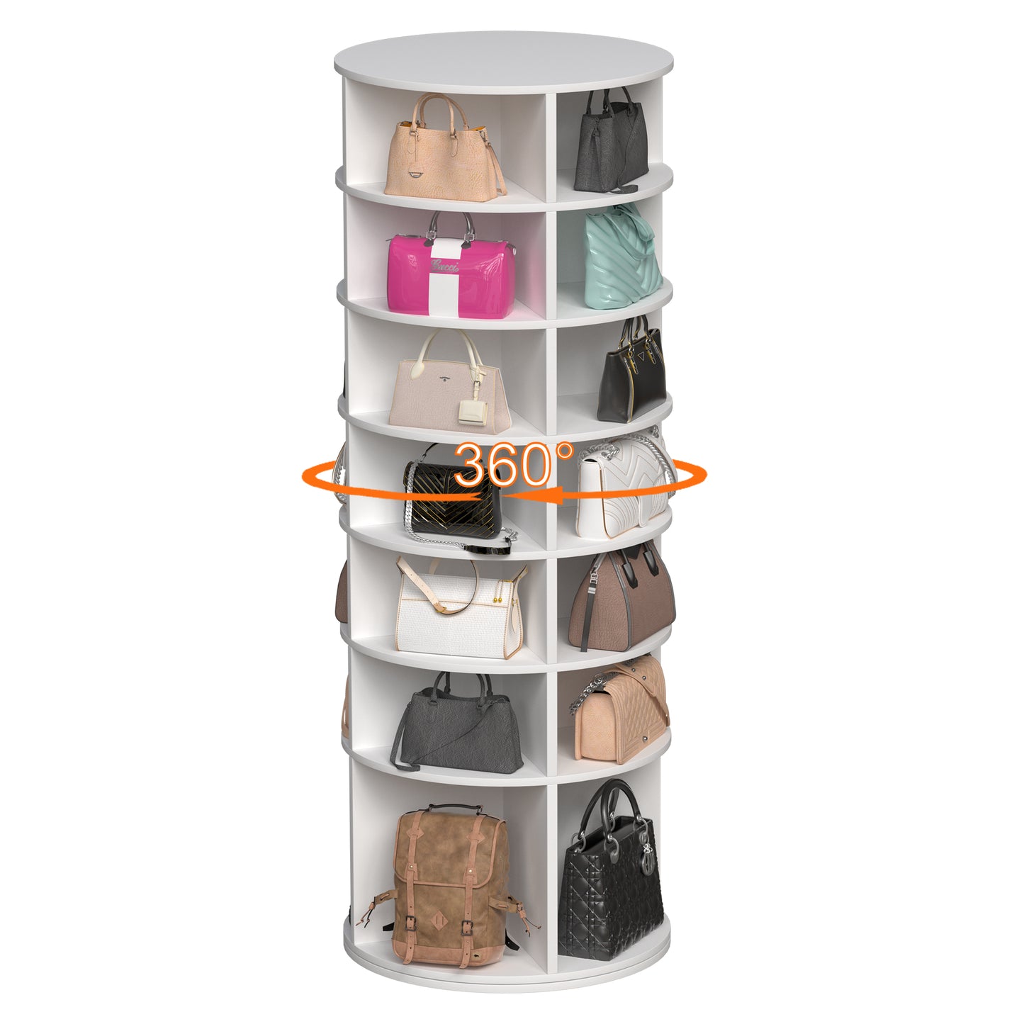 Round white rotating display shelf with multiple handbags