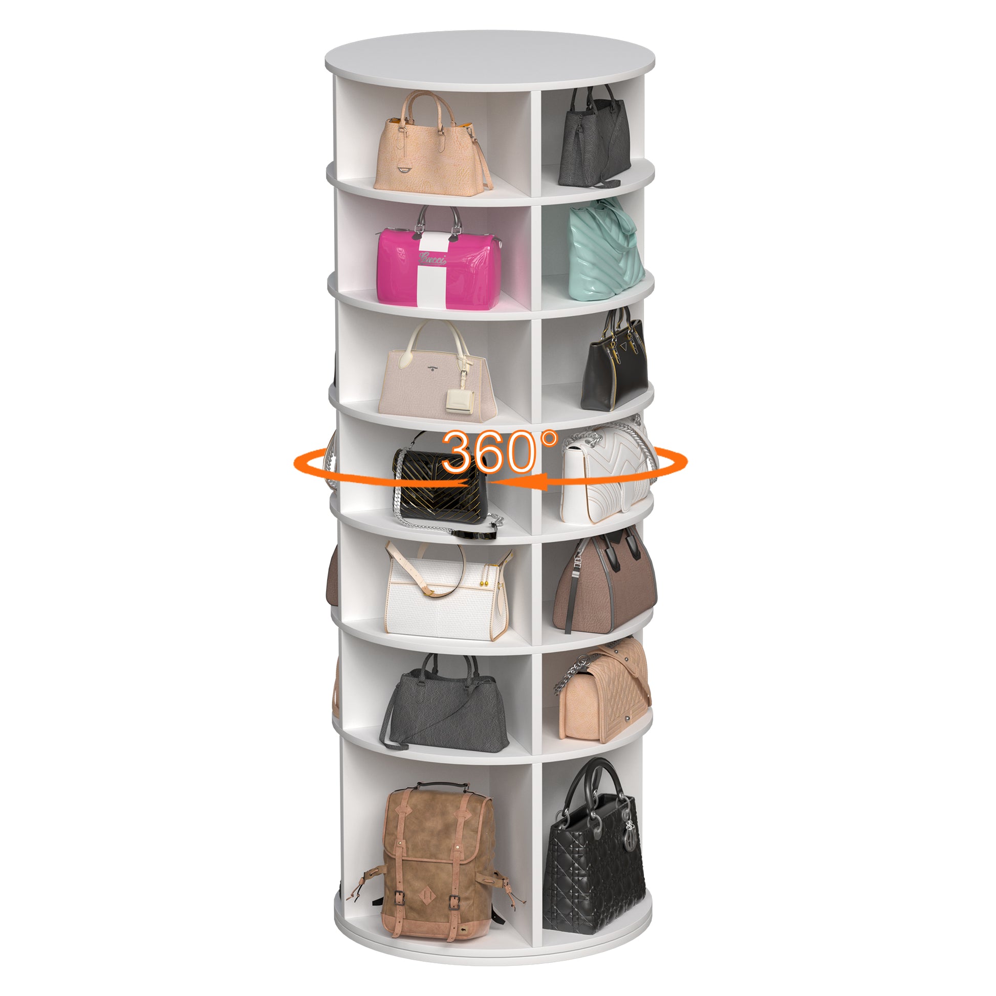Round white rotating display shelf with multiple handbags