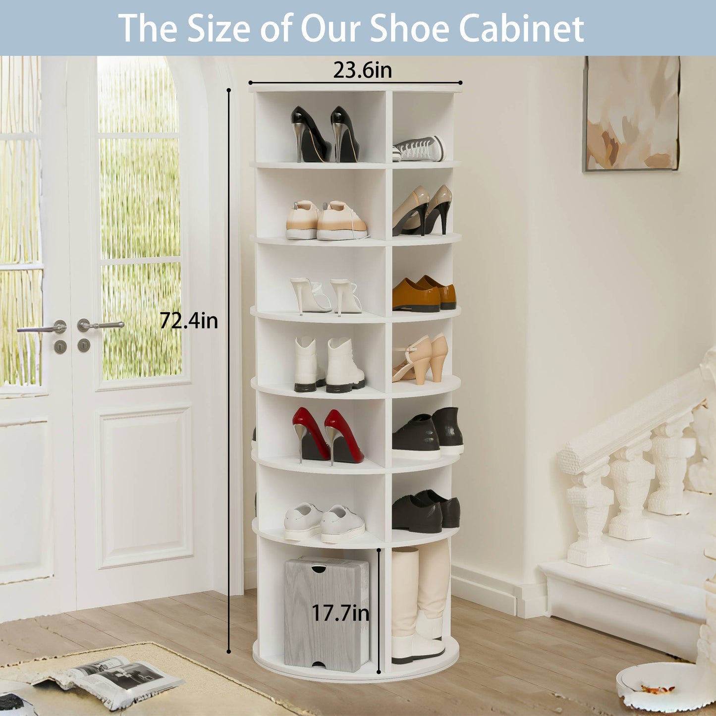 White rotating shoe cabinet with  shelves holding various shoes