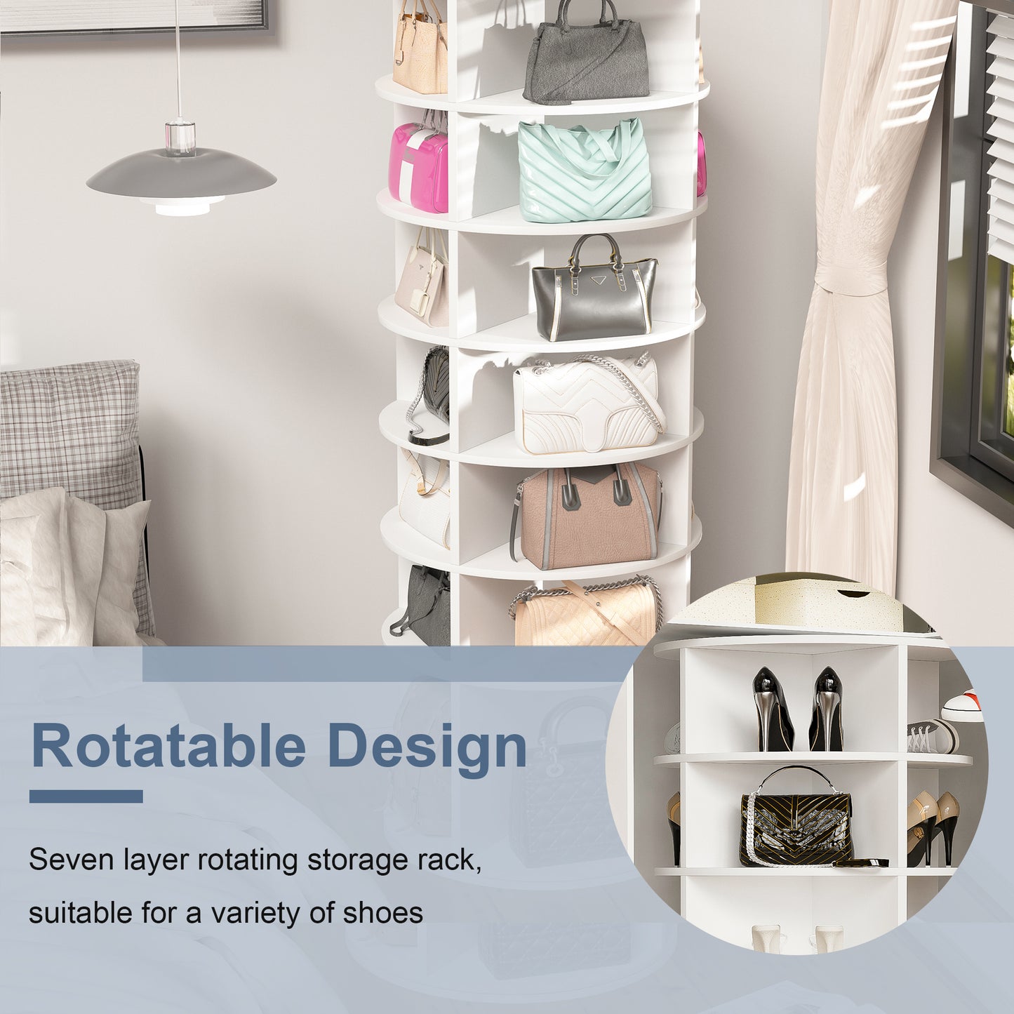 Tan leather tote bag on a rotating shelf