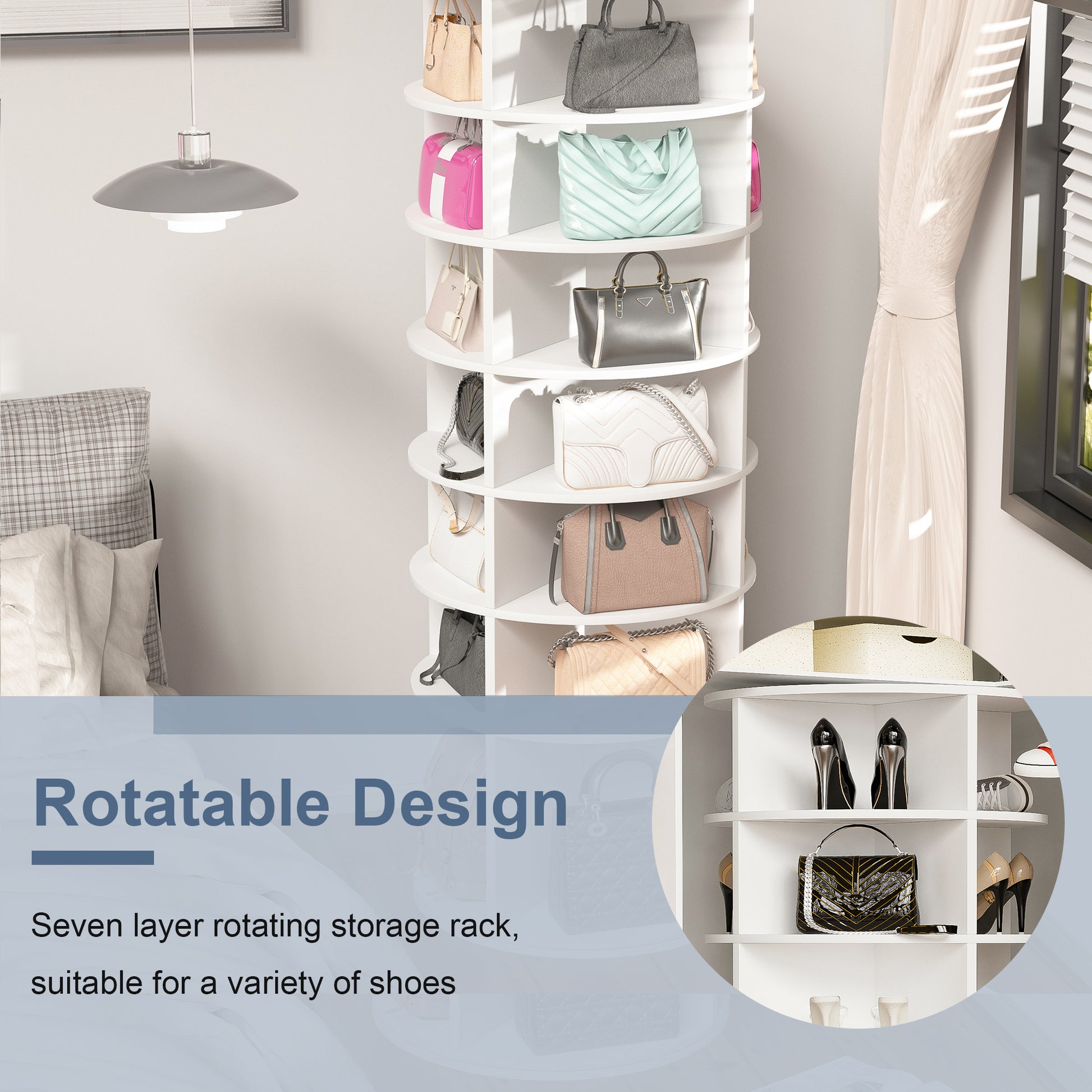 Tan leather tote bag on a rotating shelf