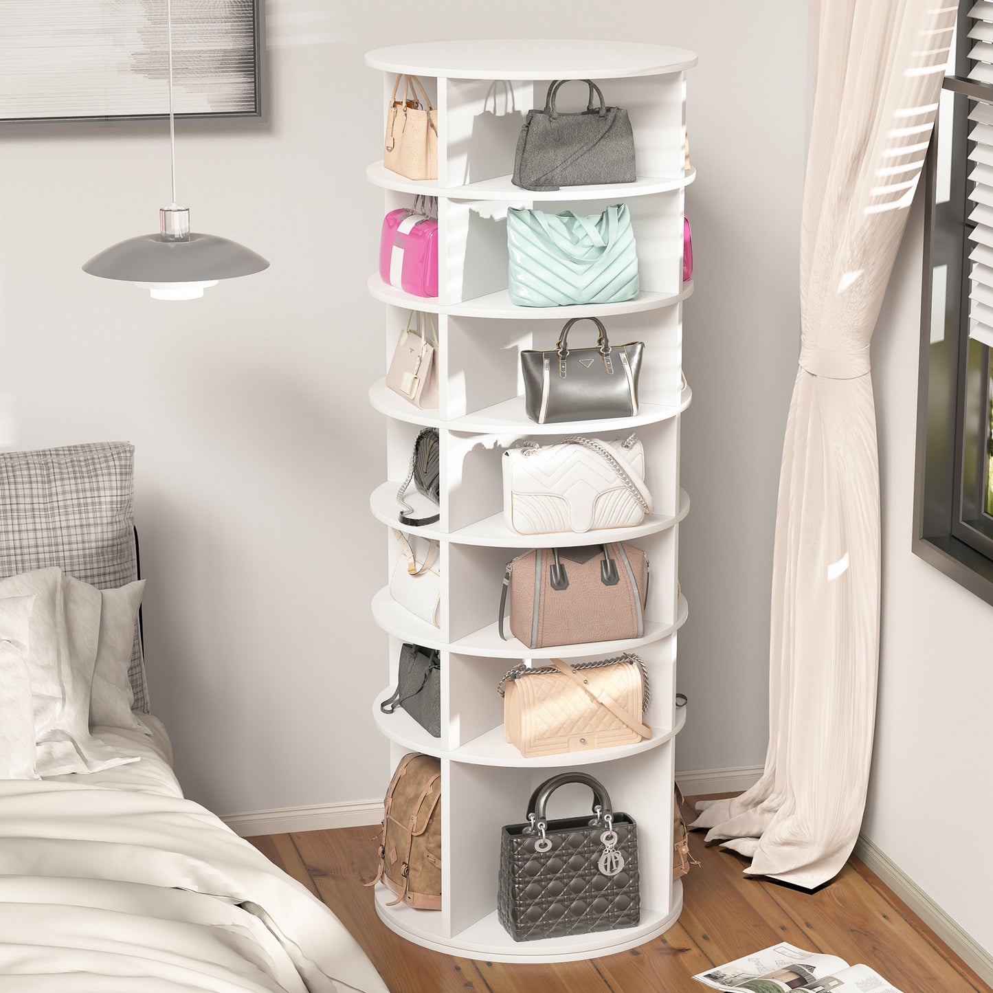 Tan leather handbag with flap closure on white shelving unit