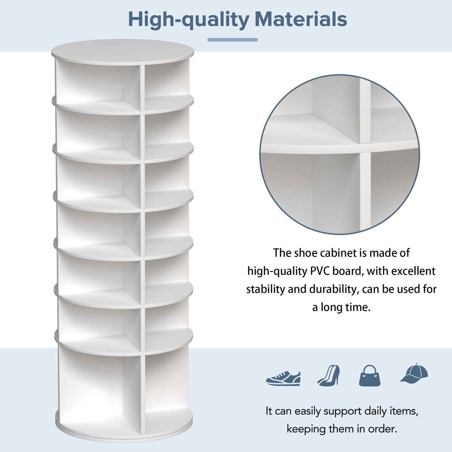 White rotating shoe cabinet with multiple tiers and compartments