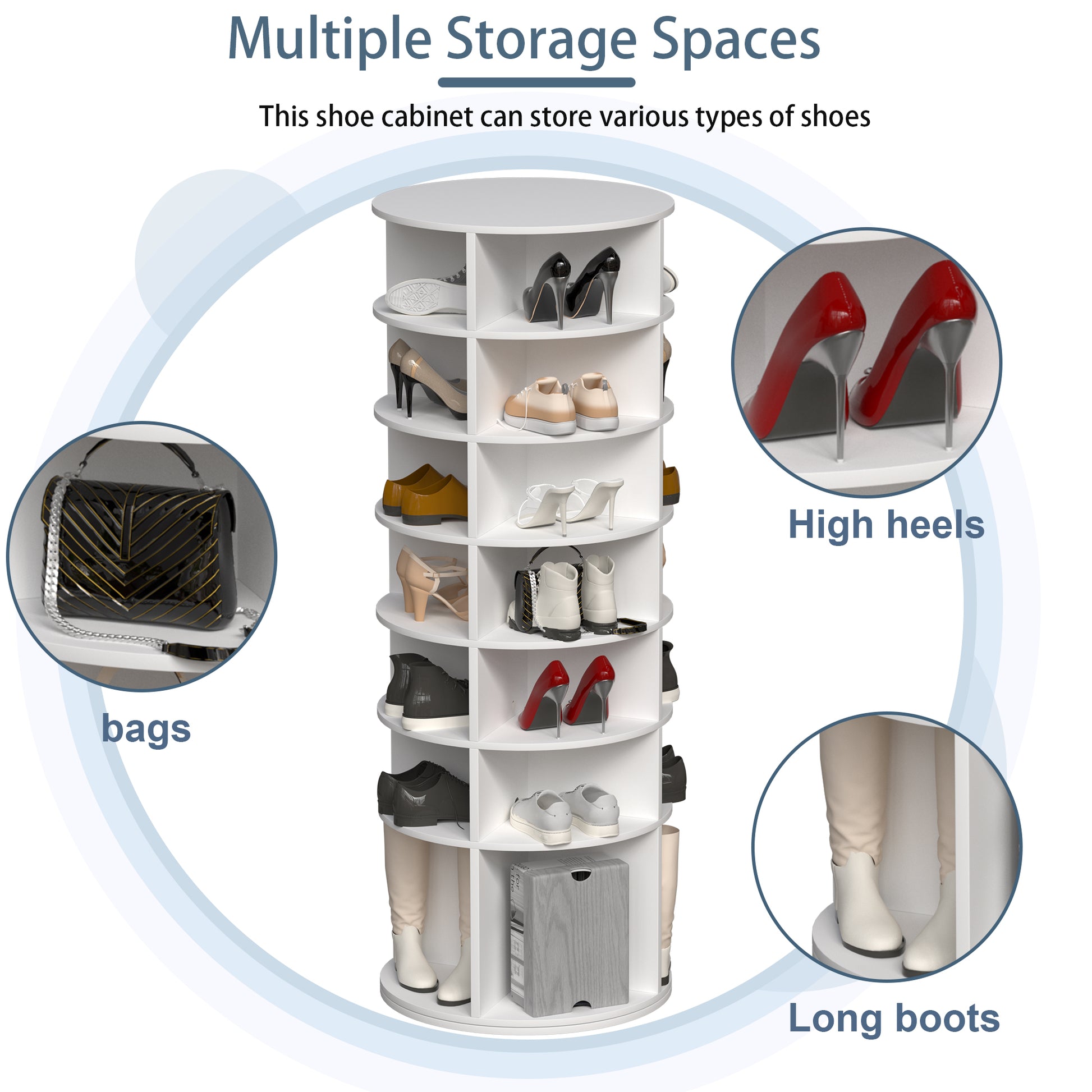 White rotating shoe cabinet storing various shoes and bags
