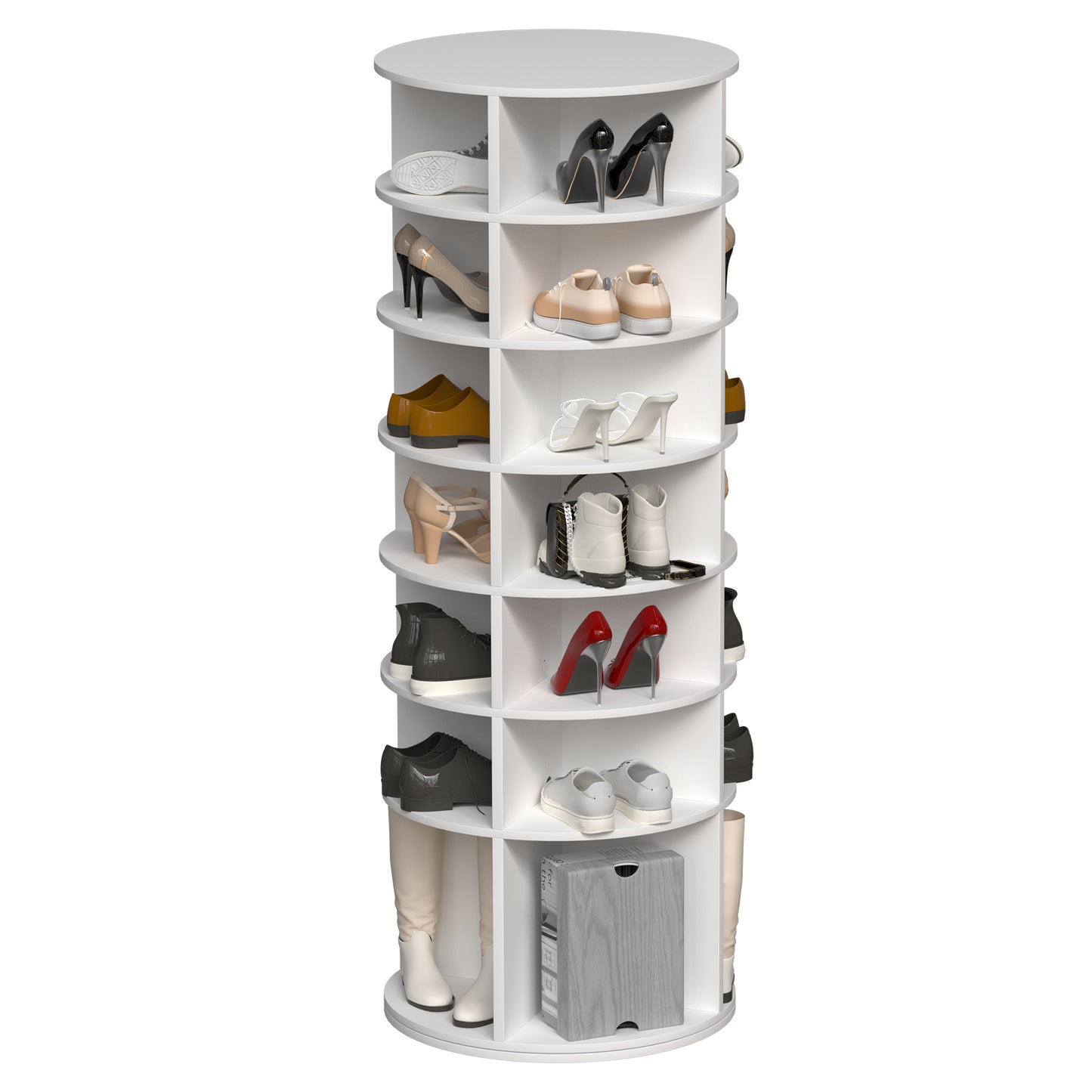 White tier rotating shoe rack filled with various shoes