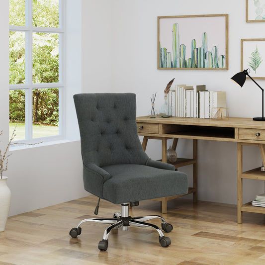 Tufted grey fabric office chair with silver rolling base