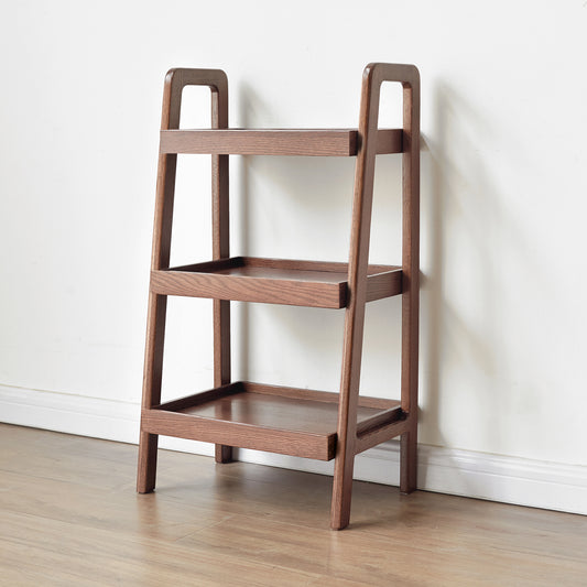 Threetier dark wood ladder shelf with modern design