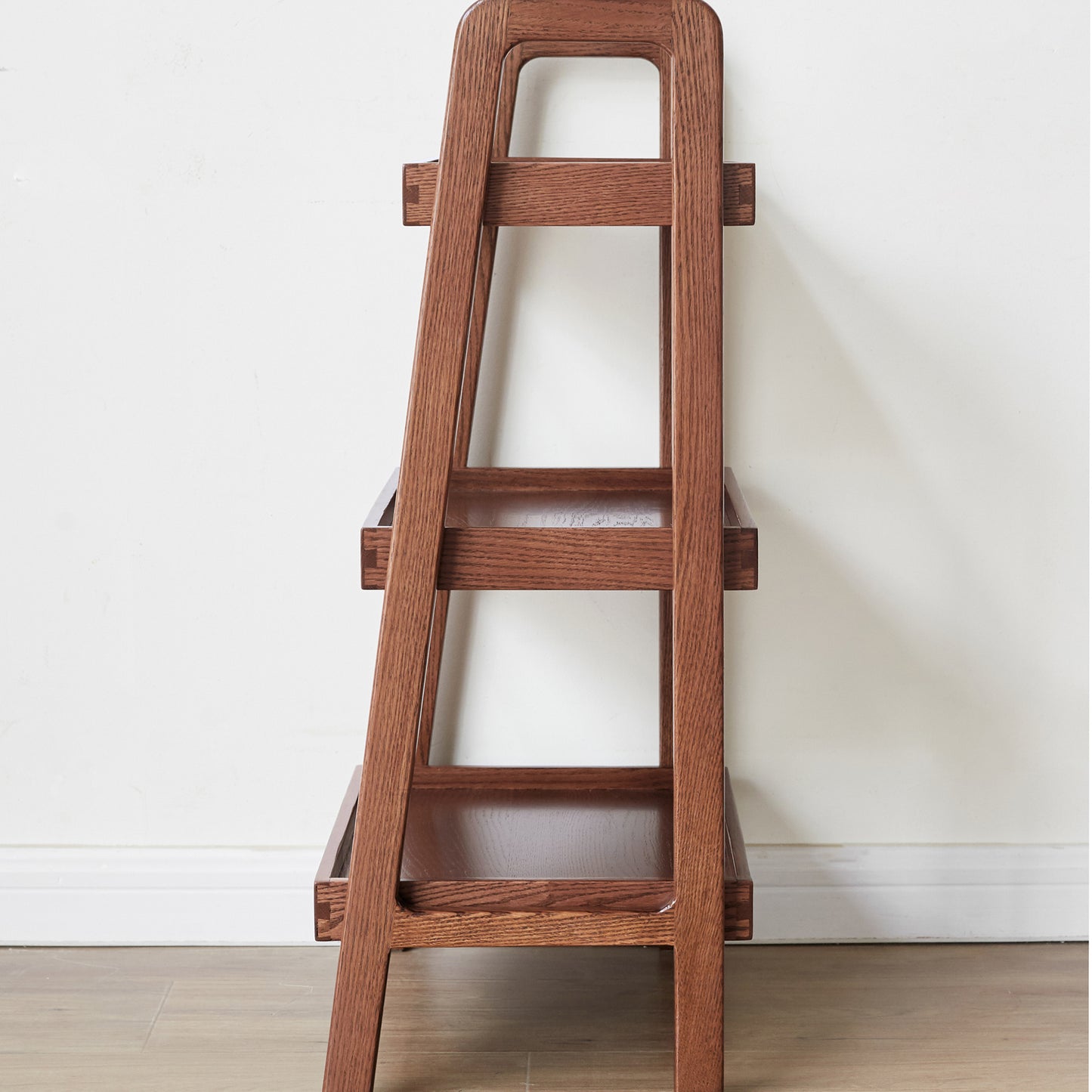 Solid oak wood tiered display shelf with slatted sides