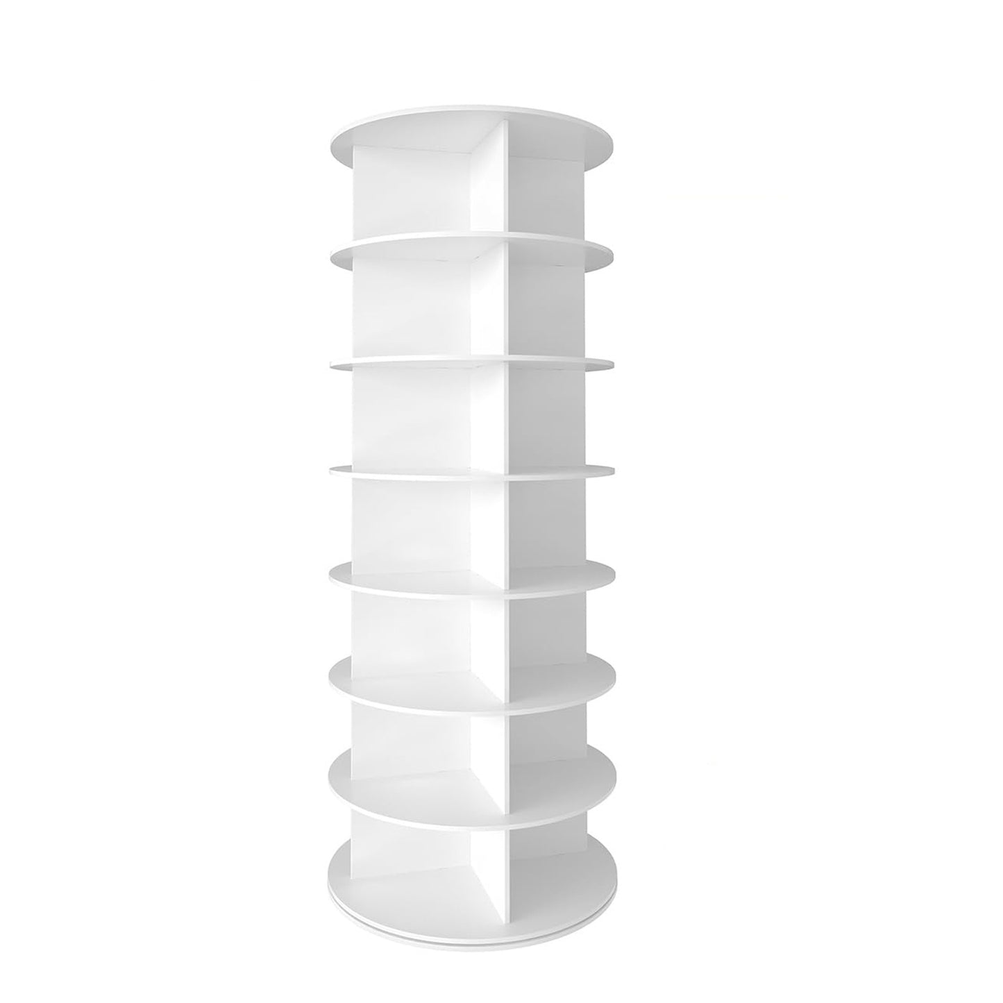 White rotating bookshelf with eight tiered shelves