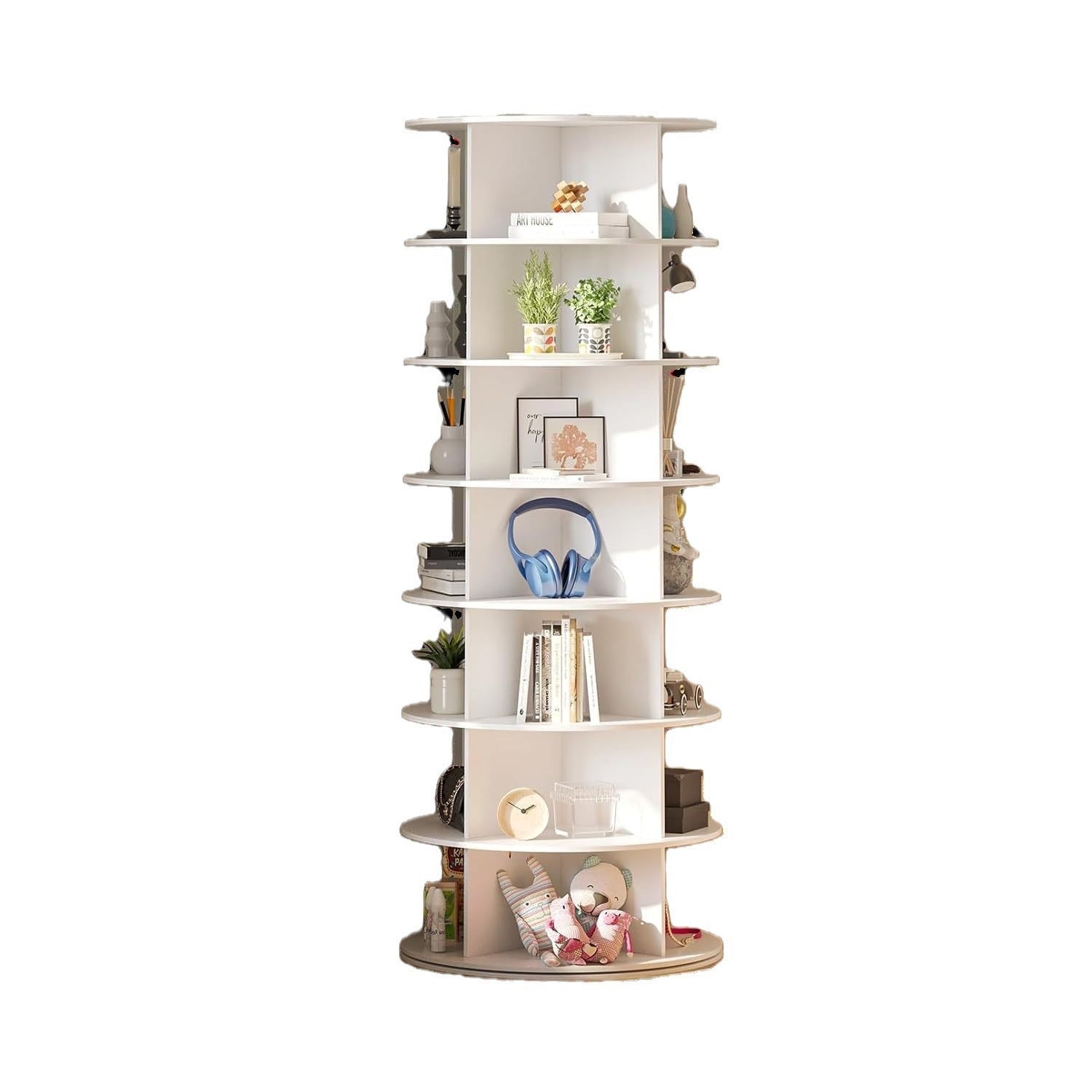 White rotating bookshelf with books and decor