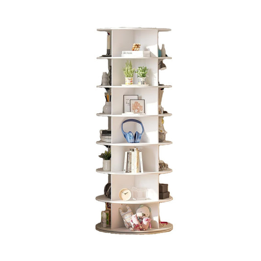 White rotating bookshelf with books and decor