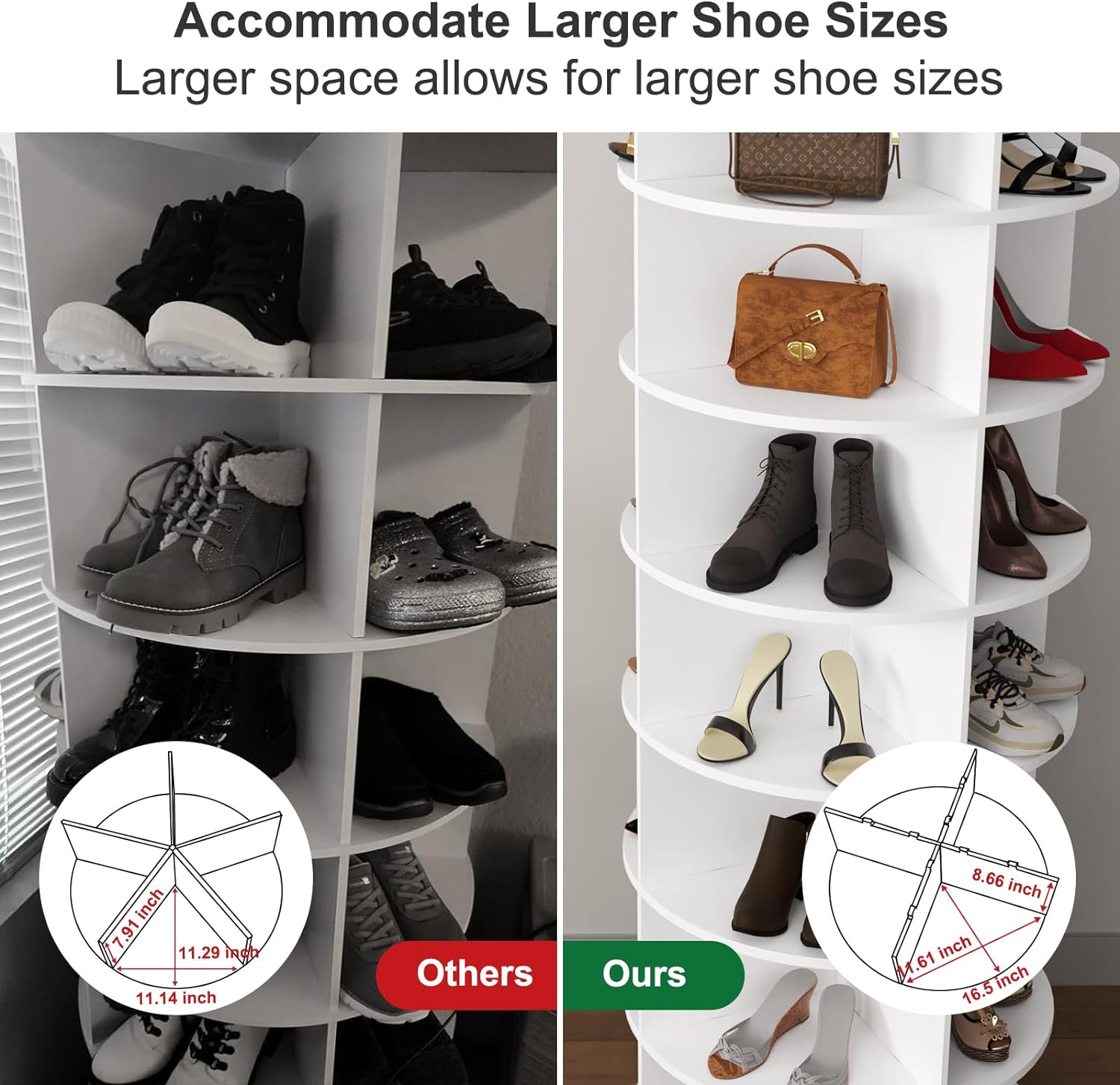 White rotating shoe rack with various footwear and handbags