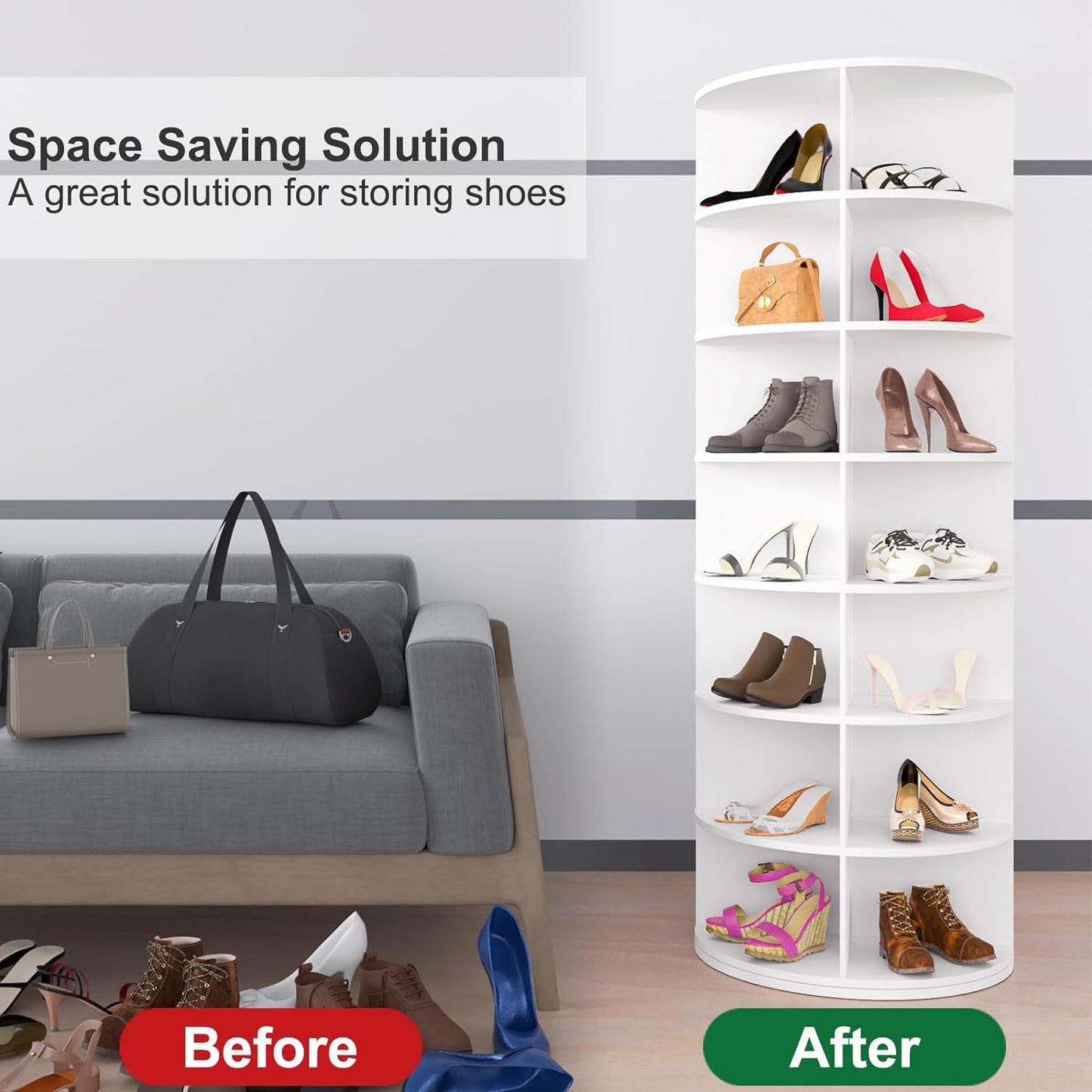 Modern white rotating shoe rack displaying assorted womens footwear