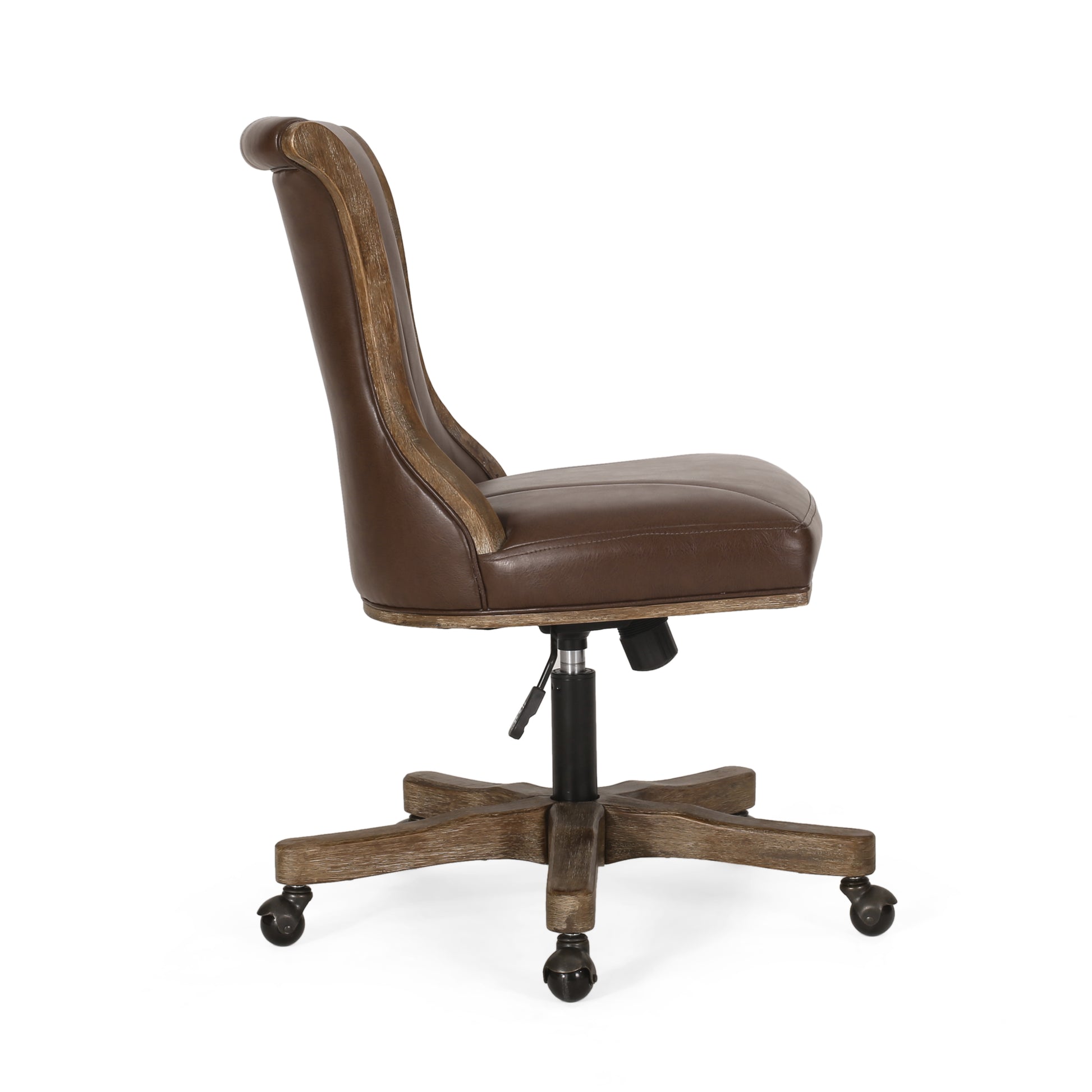 Brown leather executive chair with distressed wood accents and antique casters