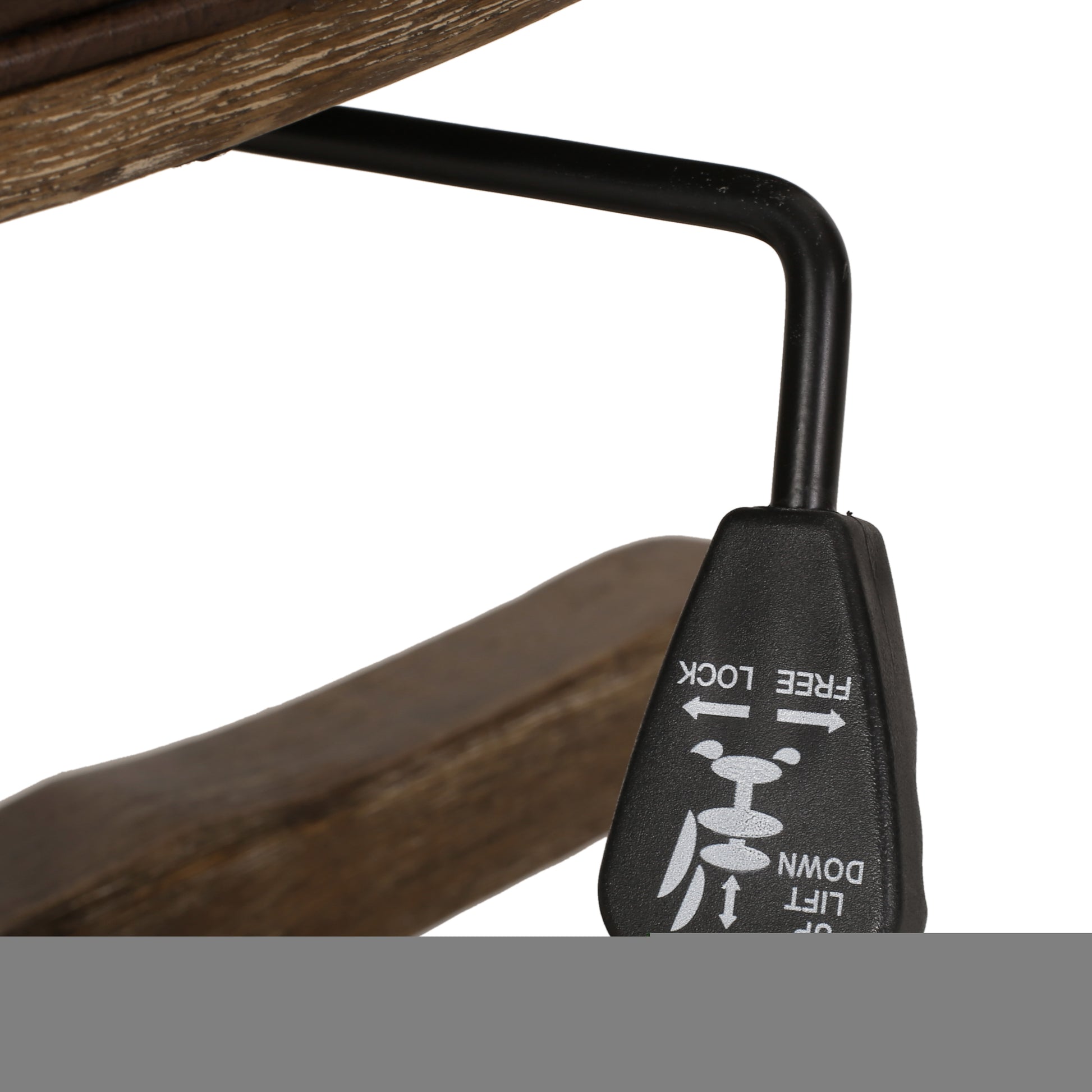 Closeup of a wooden chair armrest with a black lever for height adjustment