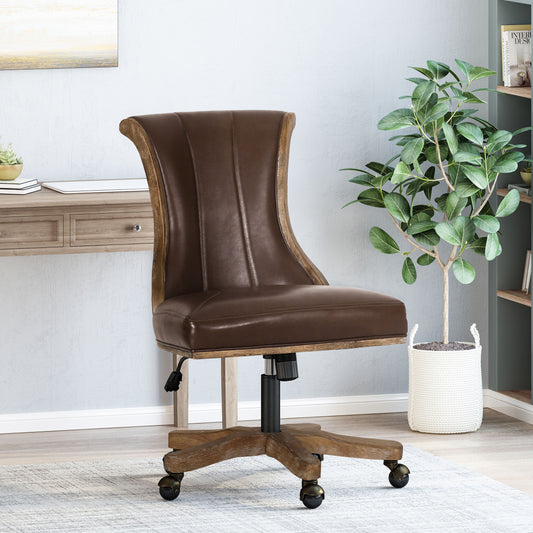 Brown faux leather executive chair with distressed wood accents and brass casters