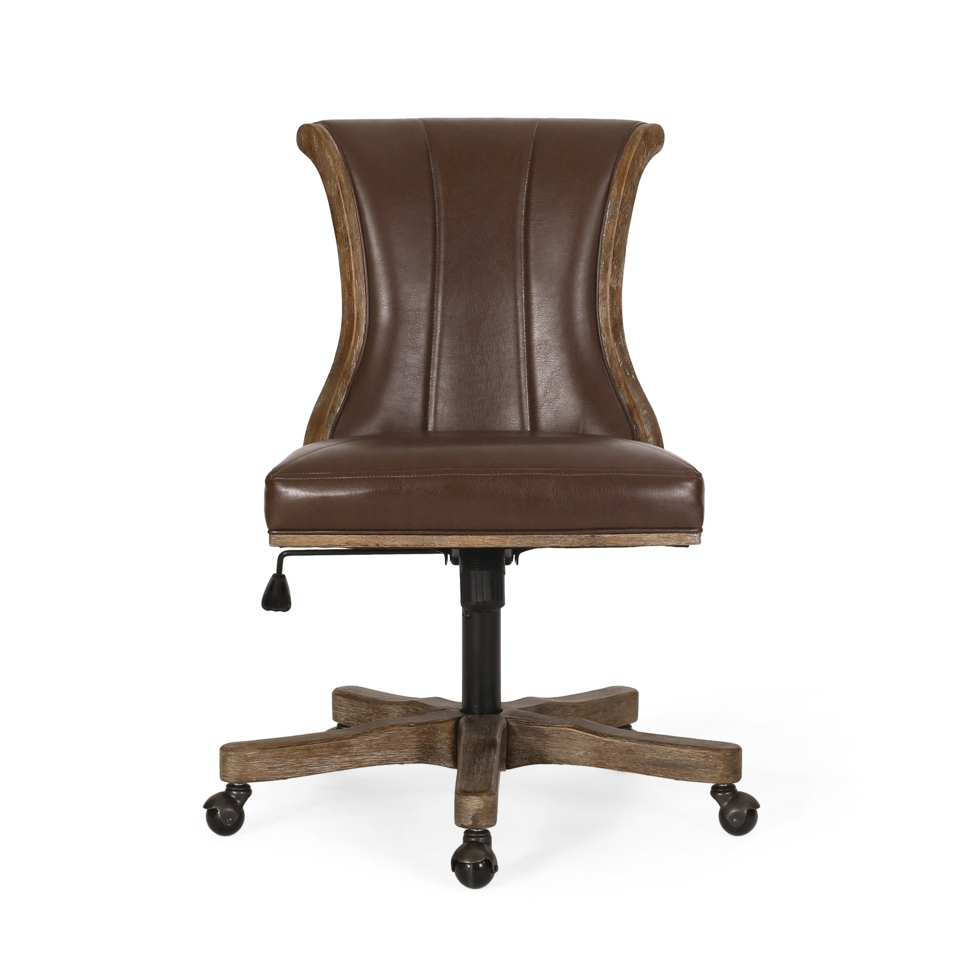 Vintage executive chair with brown tufted leather and distressed wood frame