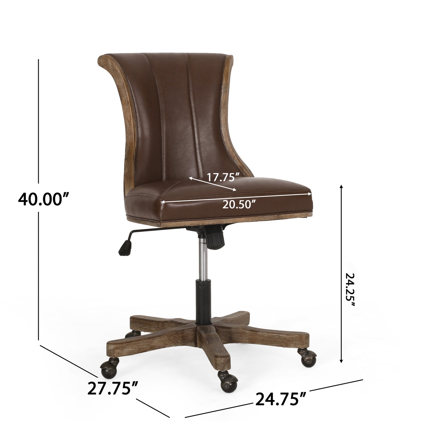 Brown leather executive desk chair with vintage wood trim and casters