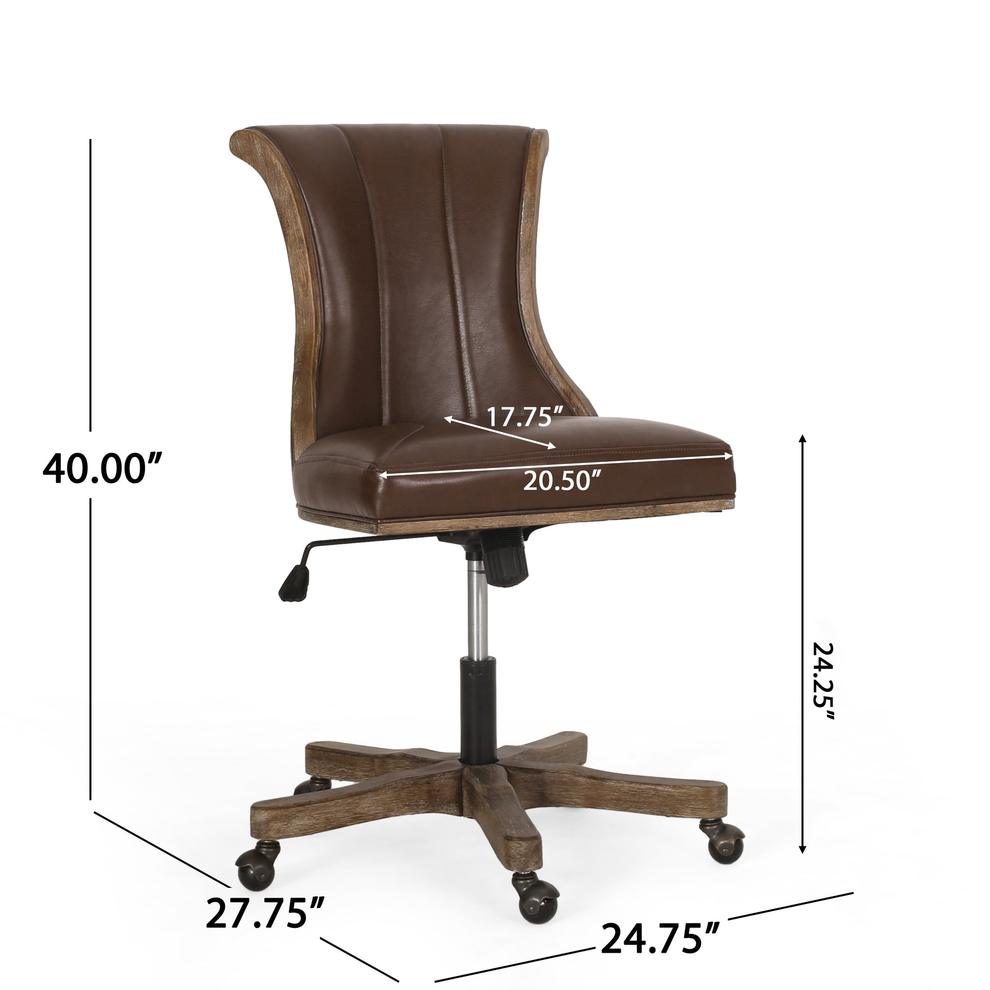 Brown leather executive desk chair with vintage wood trim and casters