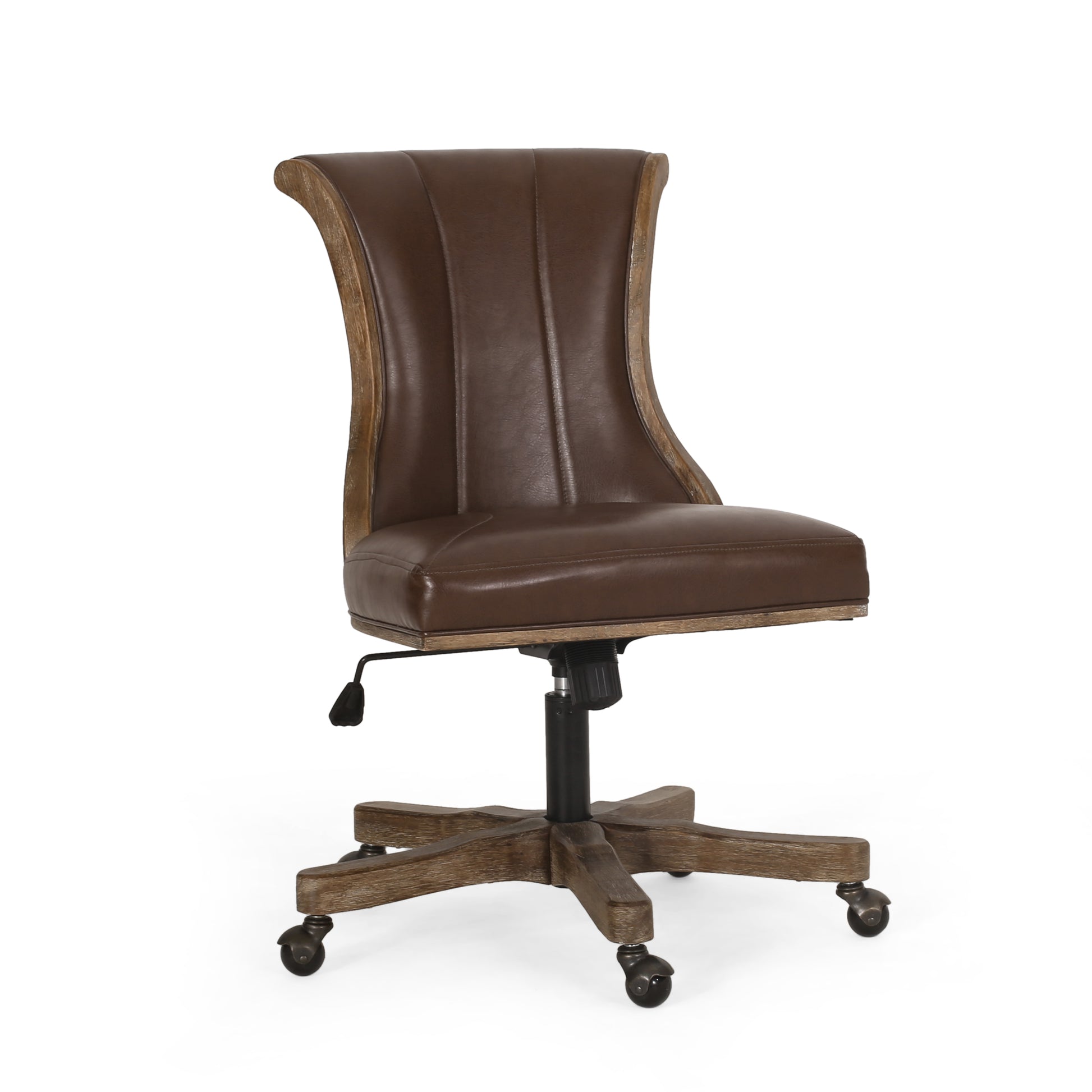 Brown leather executive chair with distressed wood accents and casters