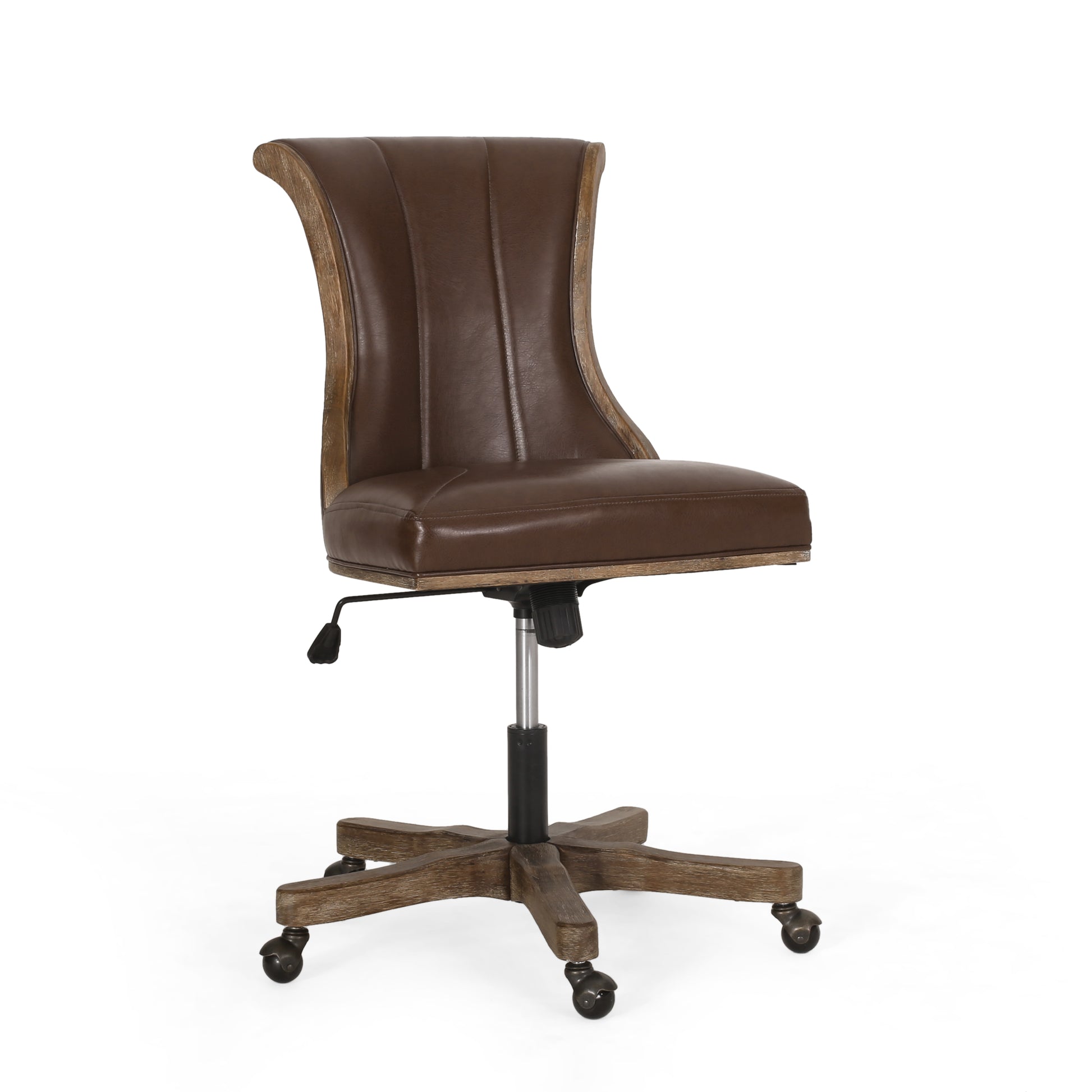 Brown faux leather executive chair with distressed wood accents and rolling casters